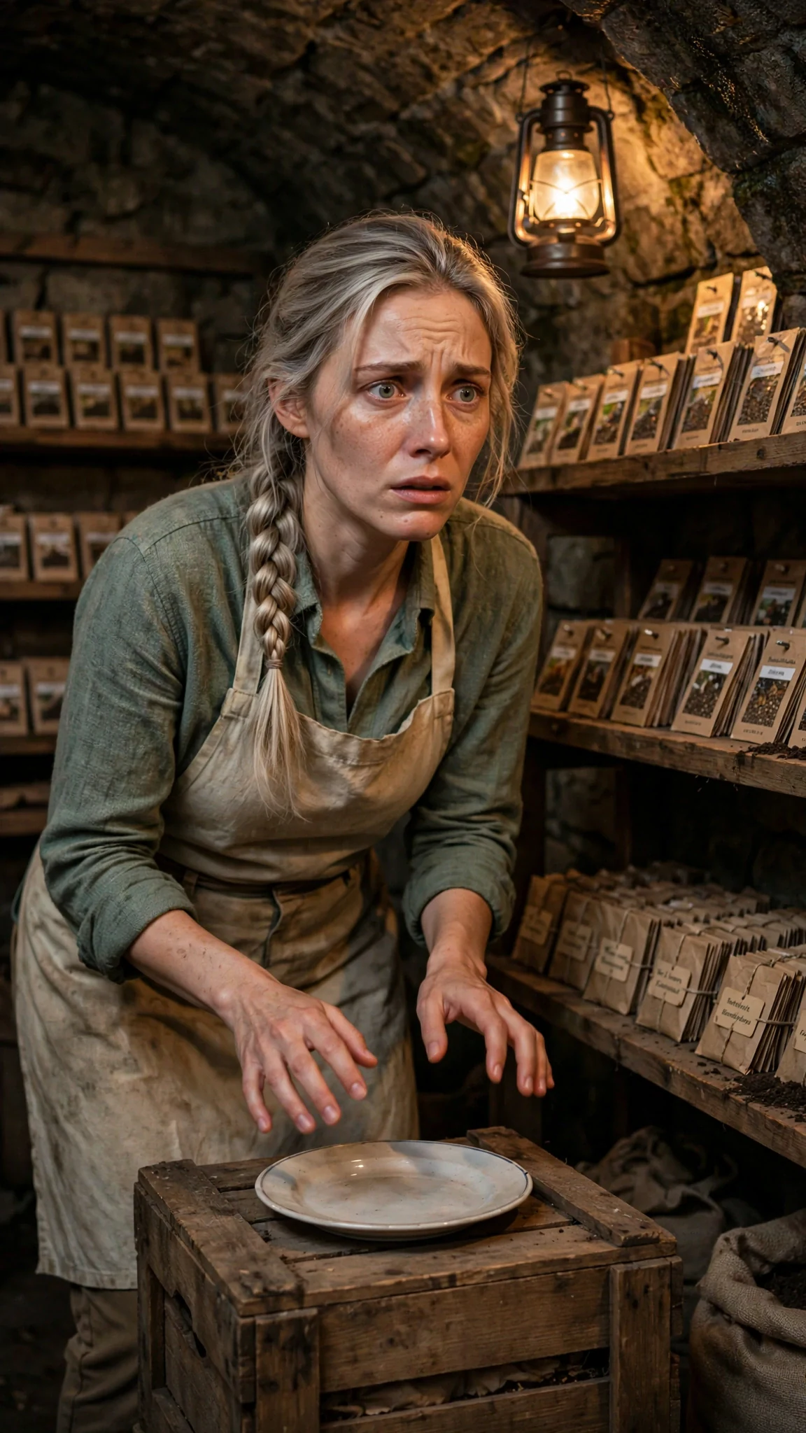 Fiona stands in the seed vault with her plate on a crate, hands shaking.