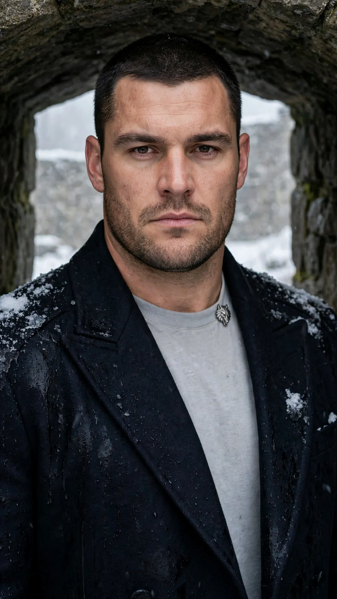 Darragh fills the vault doorway with snow on his shoulders.