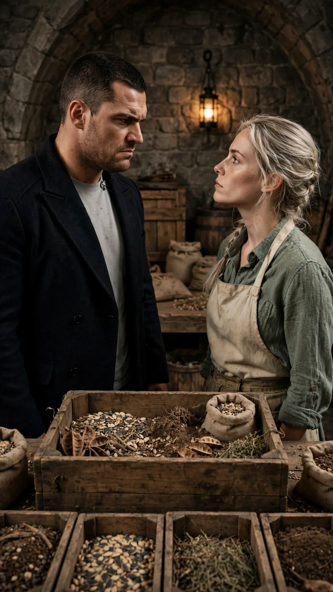 Darragh and Fiona face each other across the seed crates.