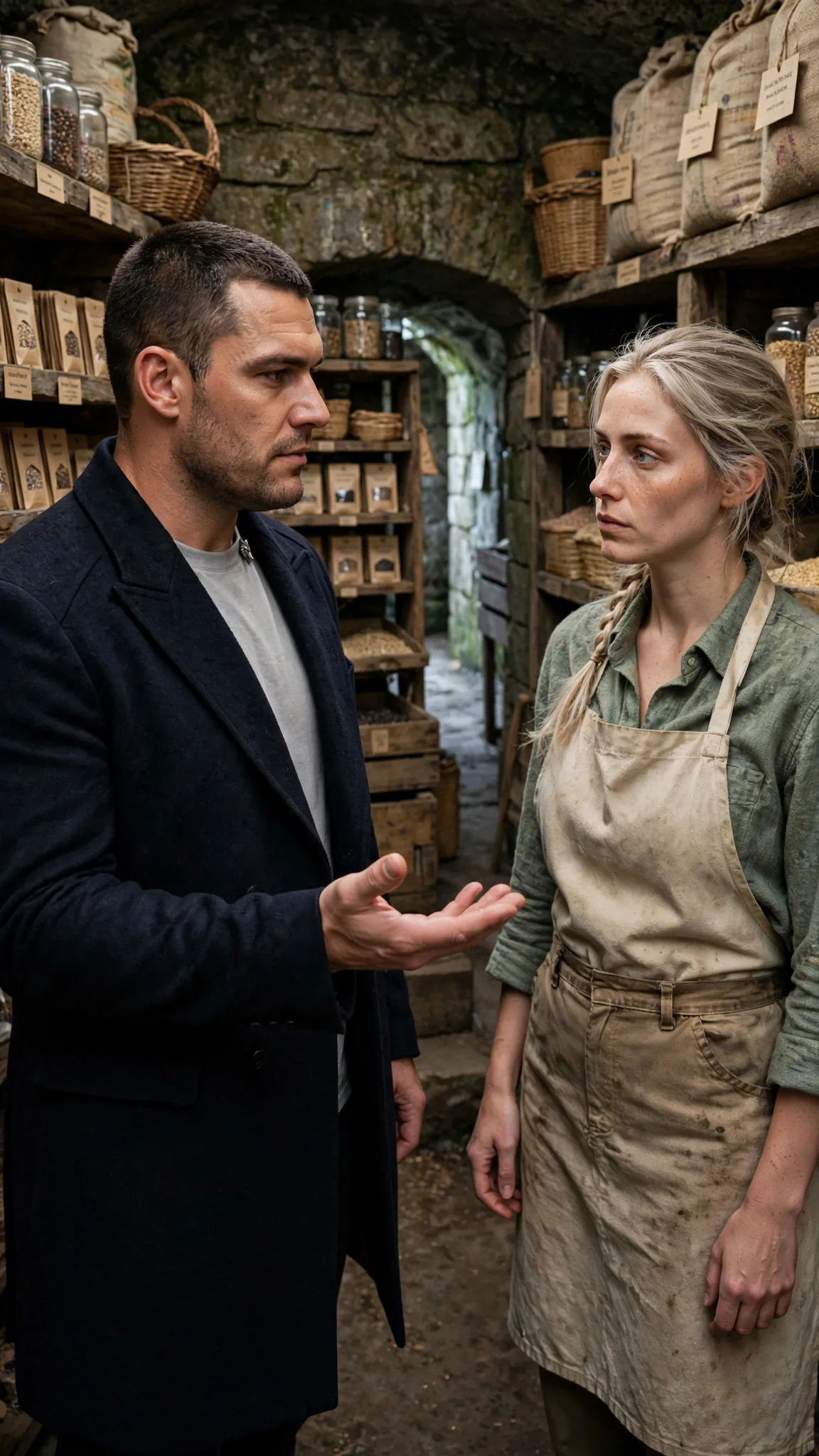 Darragh speaks his offer while Fiona stands still among the shelves.