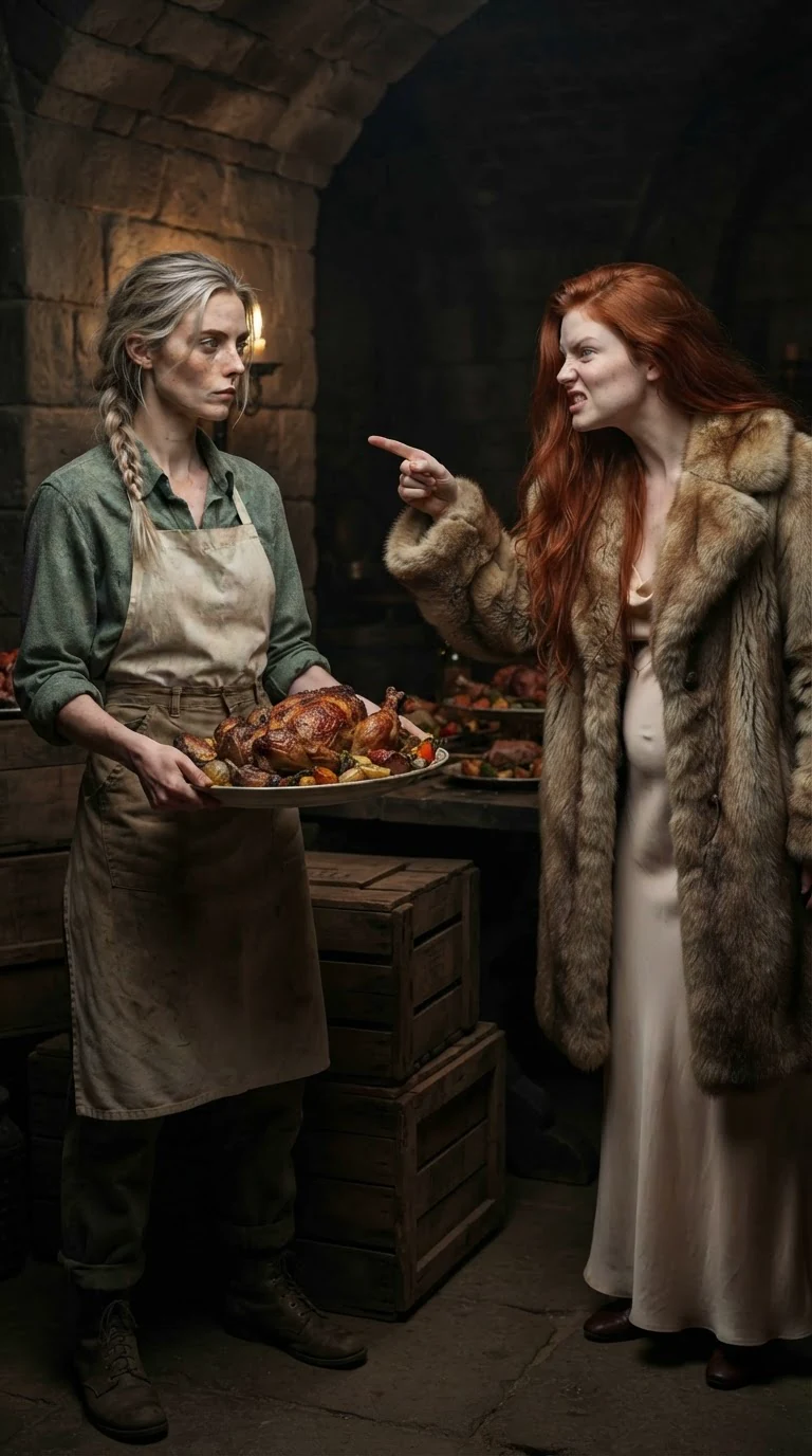 Ilona points at Fiona while Fiona lifts her plate off the crate.