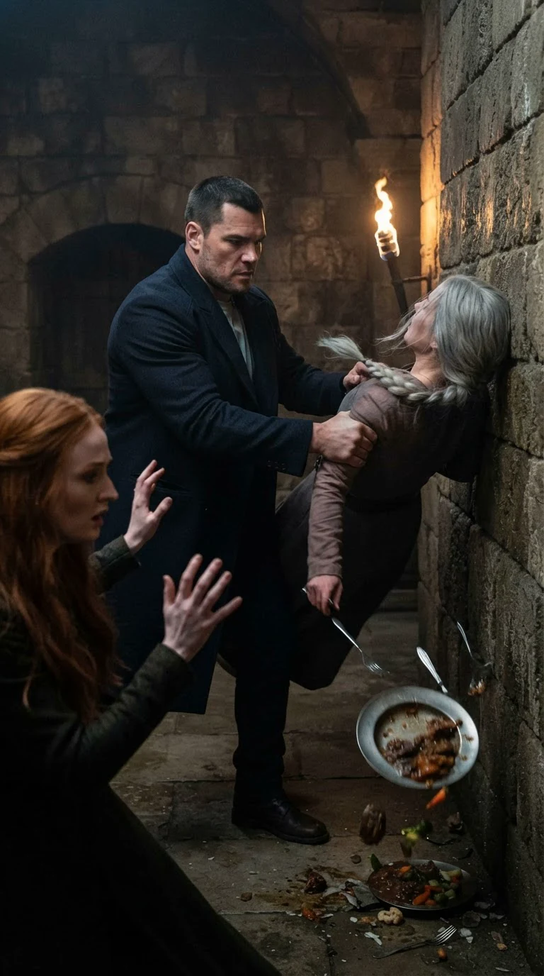Darragh throws Fiona into the stone wall, the plate breaking.