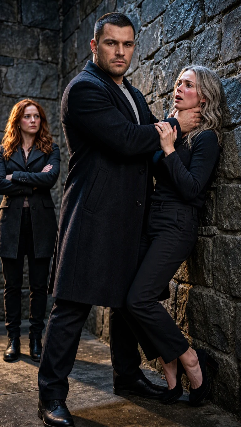 Darragh's hand closes on Fiona's throat and pins her to the wall.
