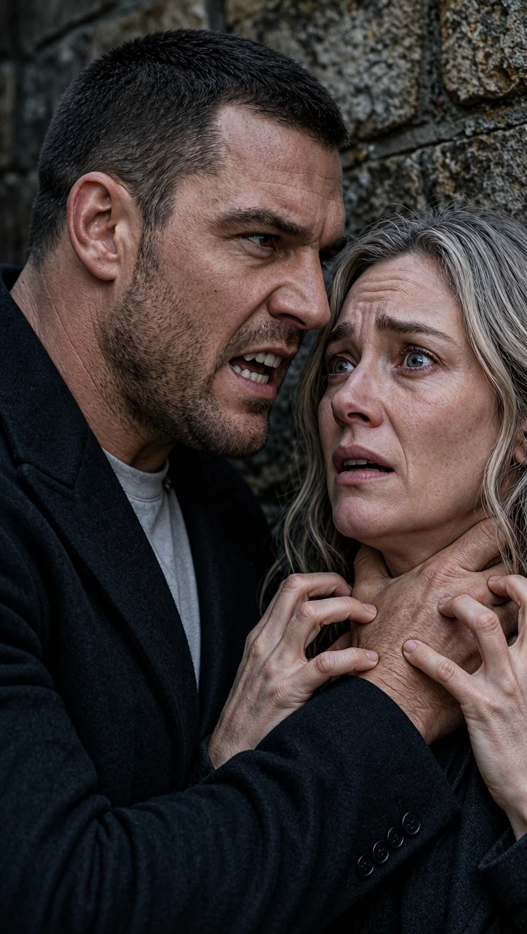 Darragh's face an inch from Fiona's as he threatens her.