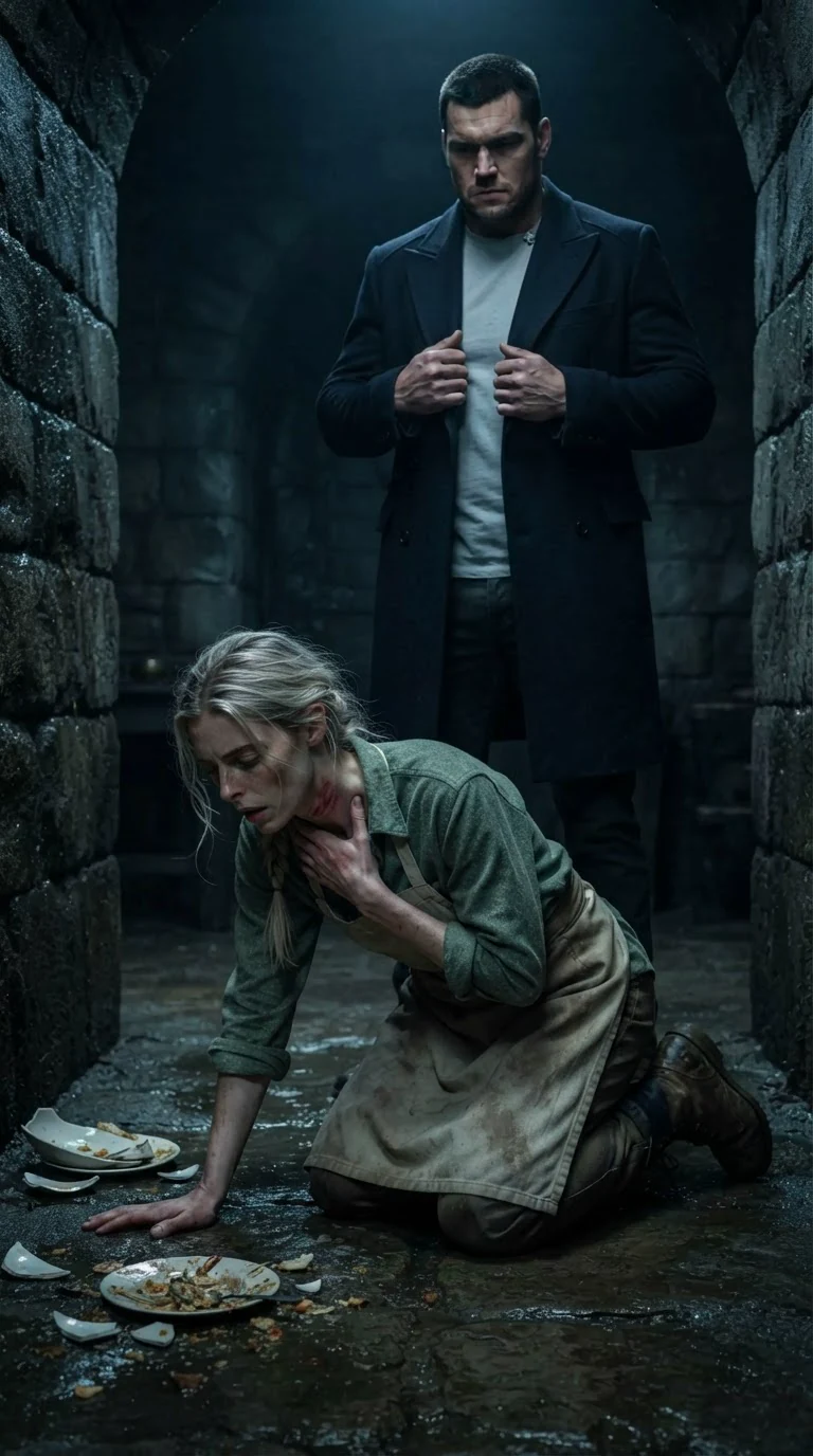 Fiona crumples to her knees, gasping, as Darragh stands over her.