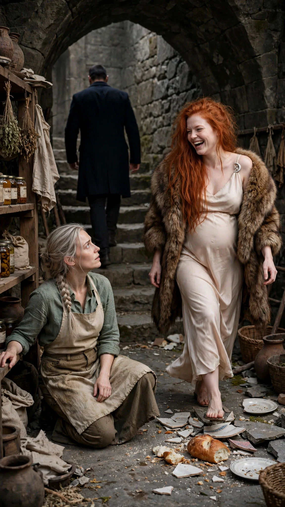 Ilona steps over the broken plate and laughs while Darragh heads for the stairs.