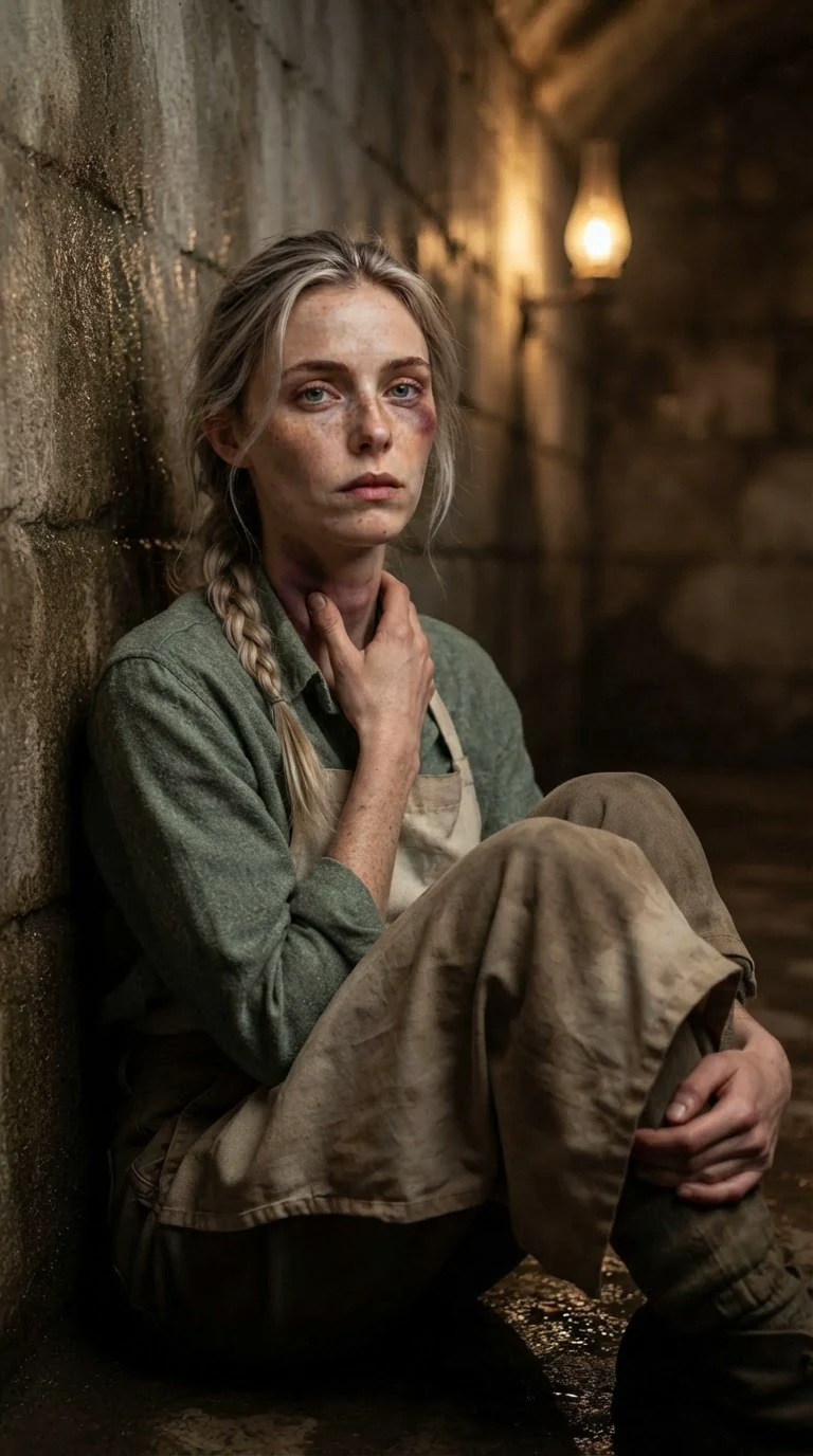 Fiona sits back against the stone wall in the empty vault, hand at her throat.