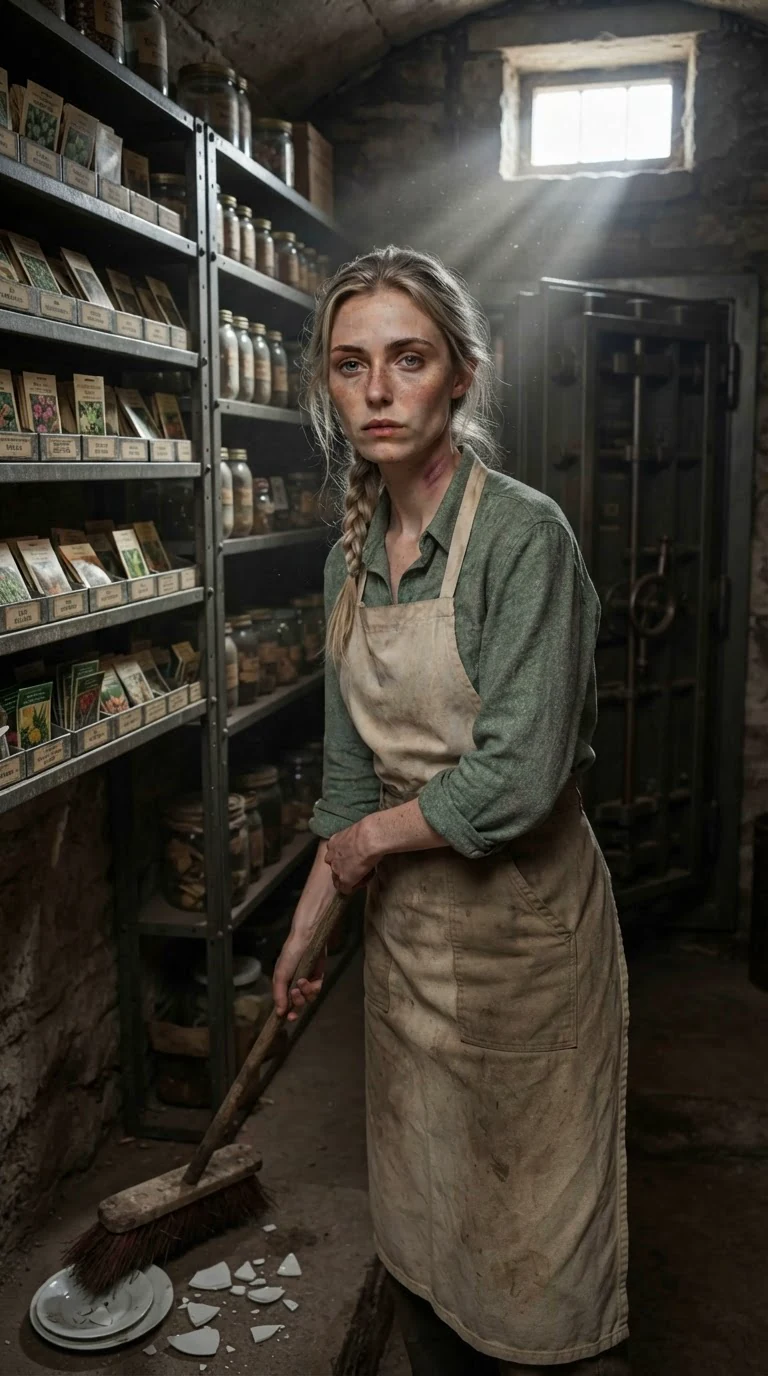 Fiona sweeps broken plate into the corner, then stands tall.