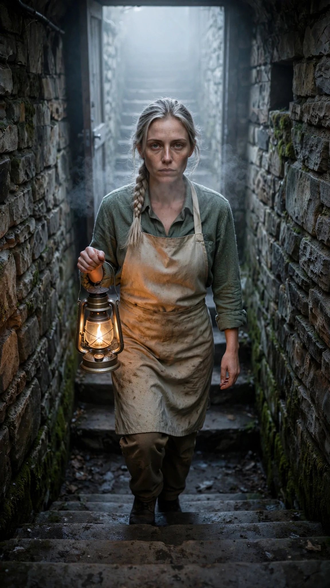 Fiona walks down stone steps into a cold seed vault before dawn, lantern in hand.
