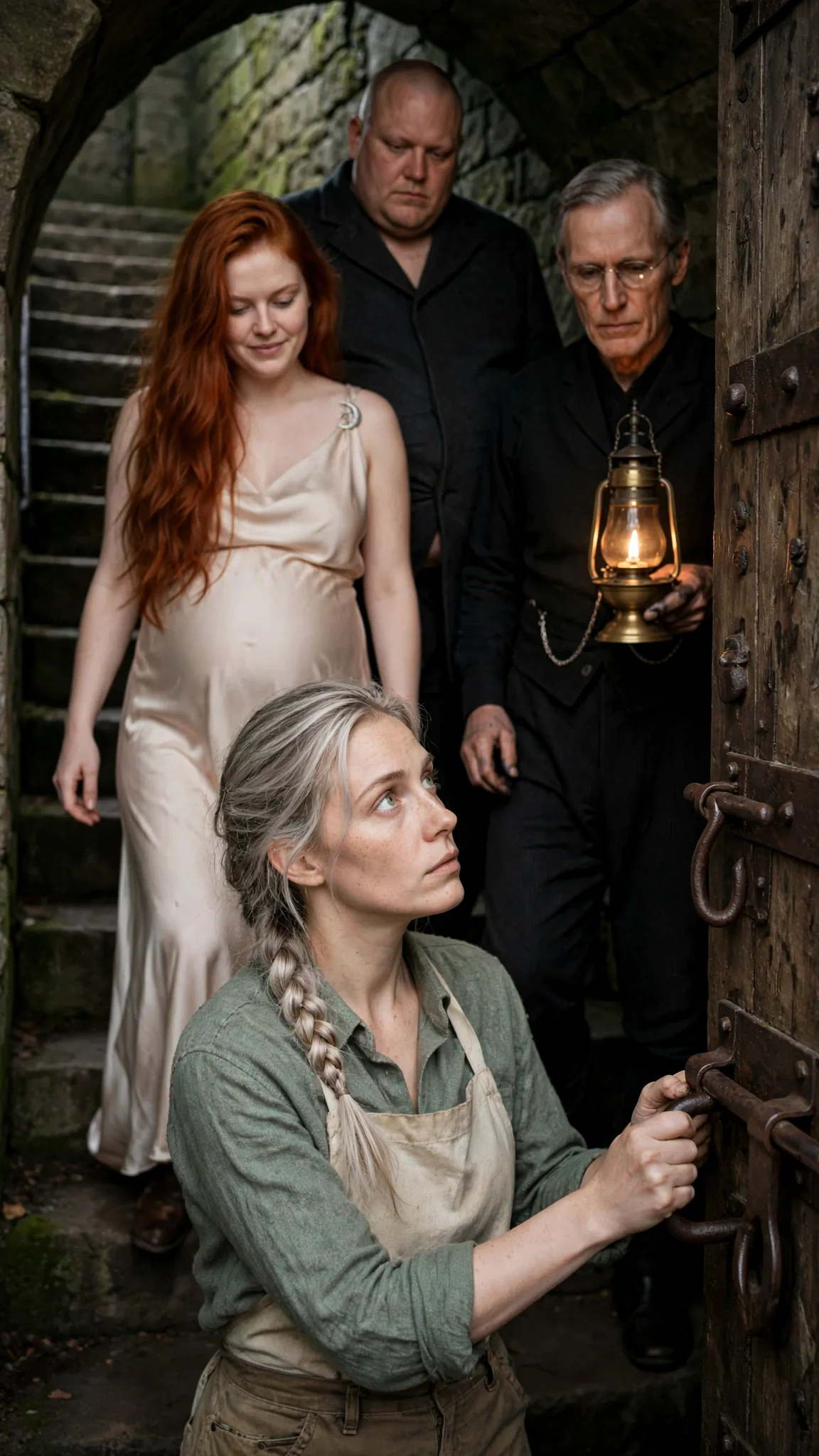 Ilona and Halvor descend the vault steps with Rurik carrying a lamp, Fiona at the door.