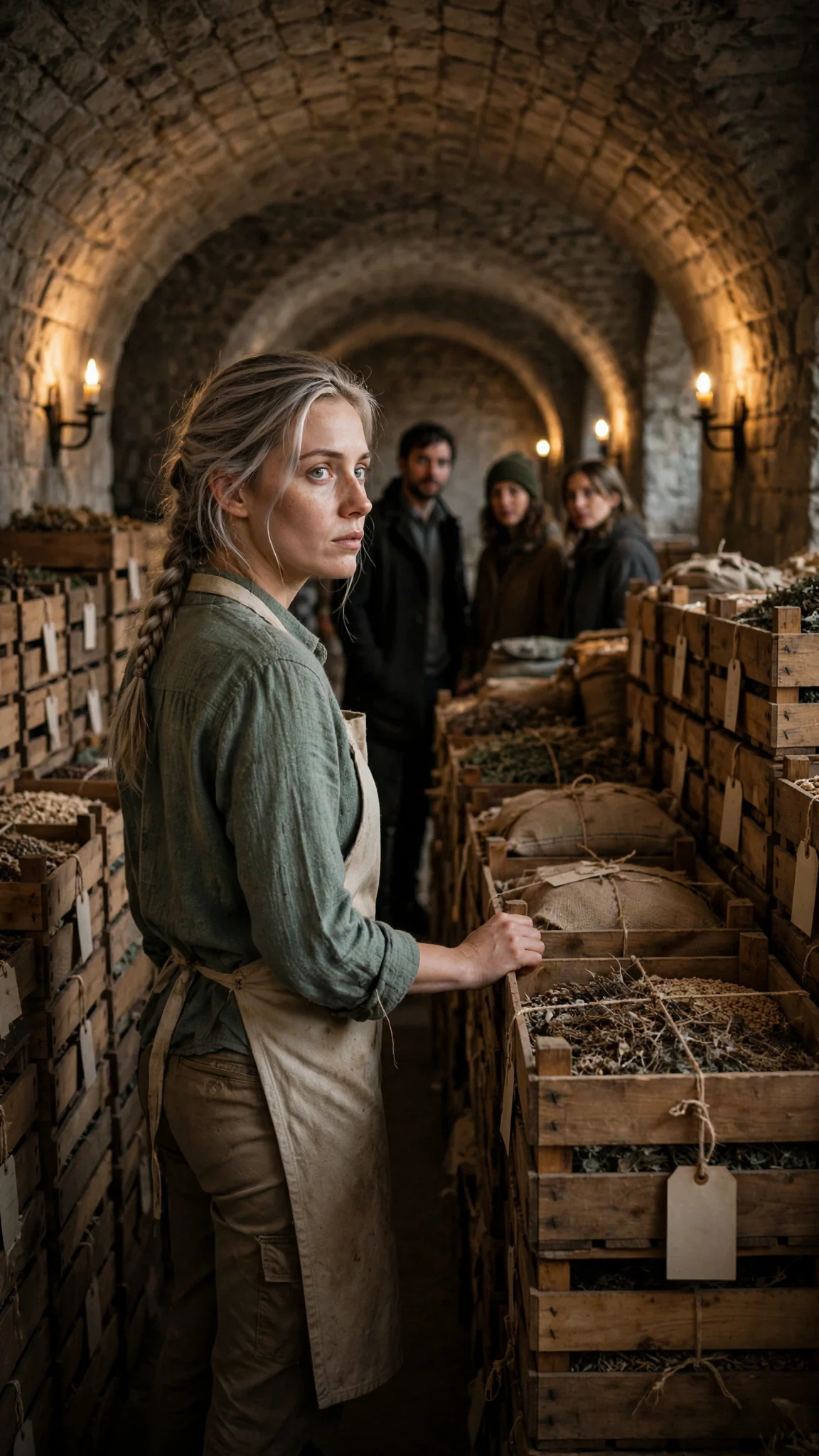 Lamplit seed vault with rows of labelled wooden crates and Fiona standing among them.