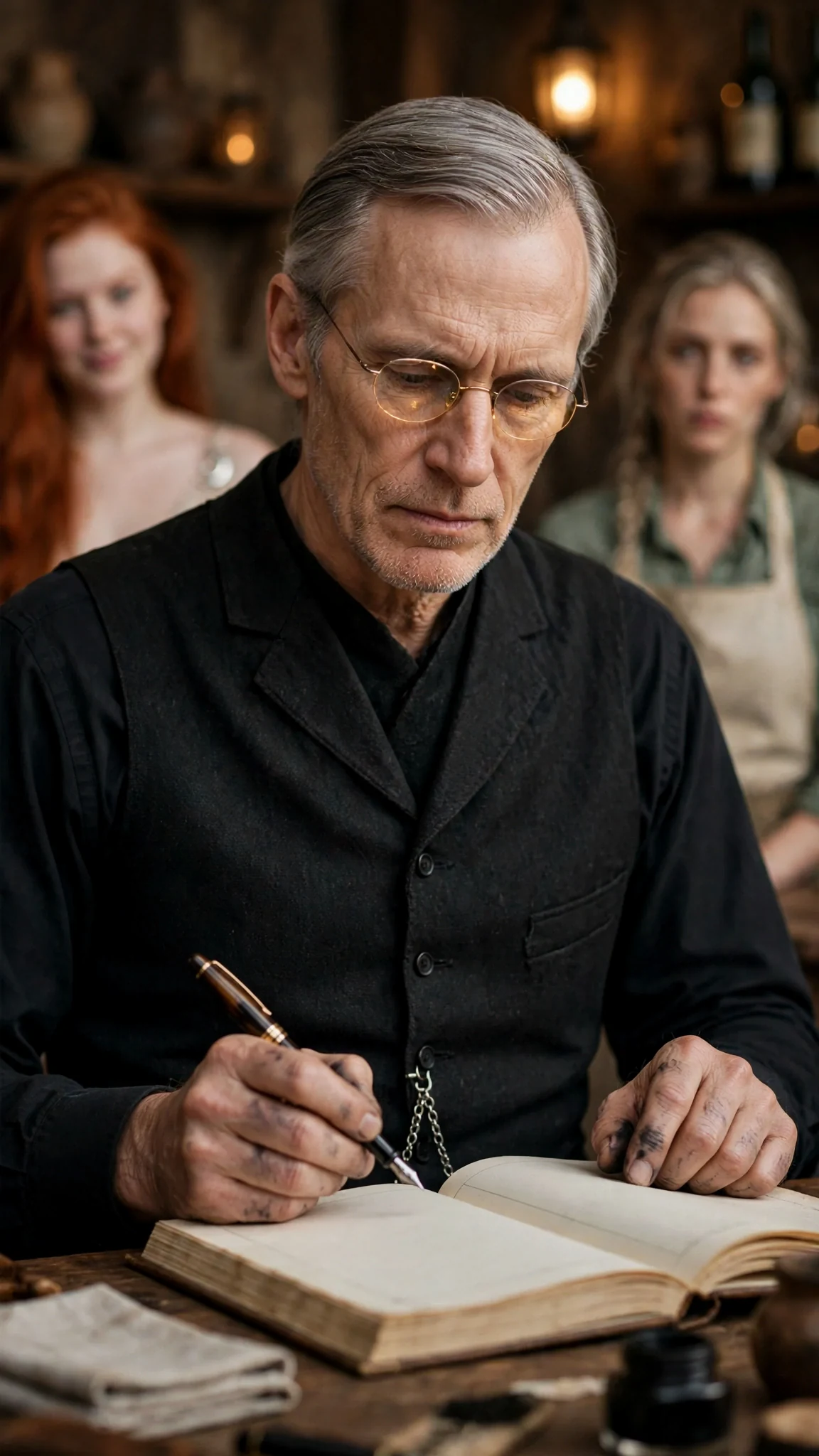 Rurik's pen stops above the page as he stares at the floor.
