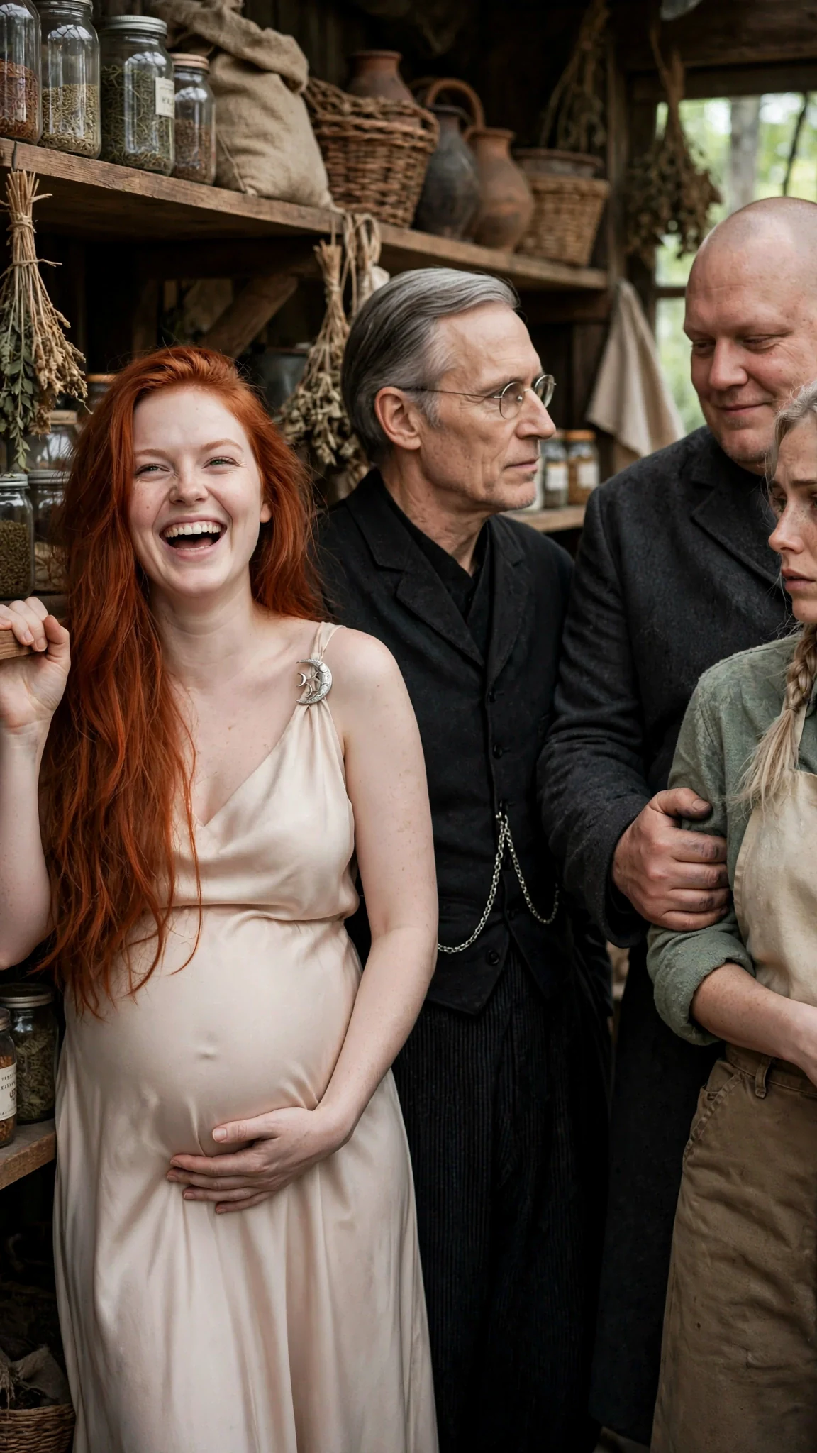 Ilona laughs with a hand on her belly while Rurik stands stony-faced.