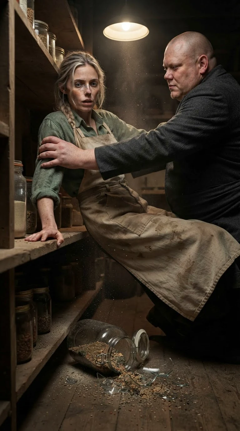 A jar of seed smashes on the vault floor as Fiona hits the shelf.