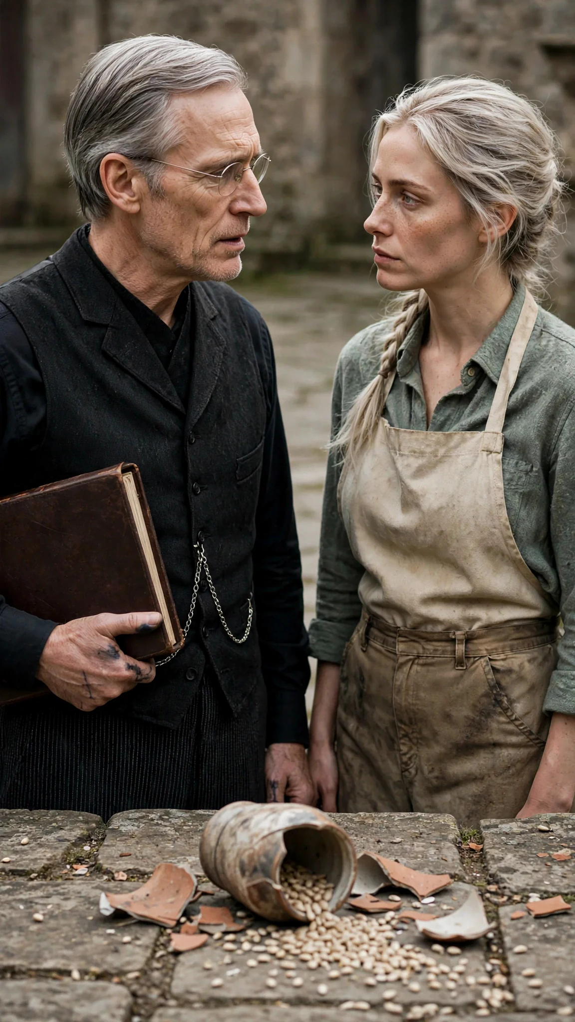 Rurik speaks quietly to Fiona beside the broken jar.