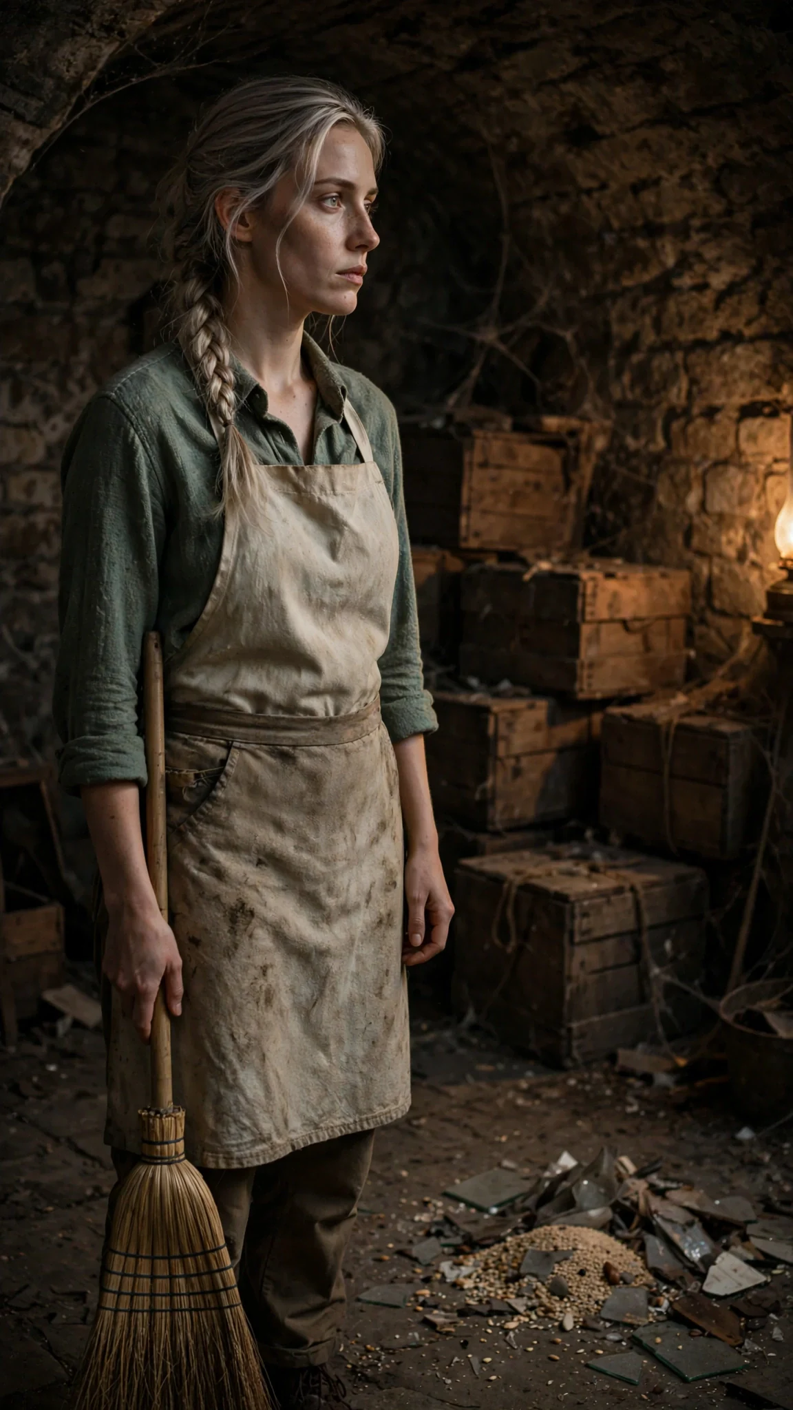 Fiona stands alone with a broom, looking at the old crates against the far wall.