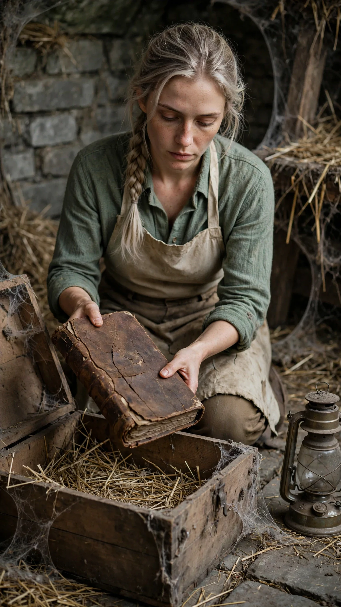Fiona kneels beside a dusty wooden crate and lifts out a heavy leather ledger.