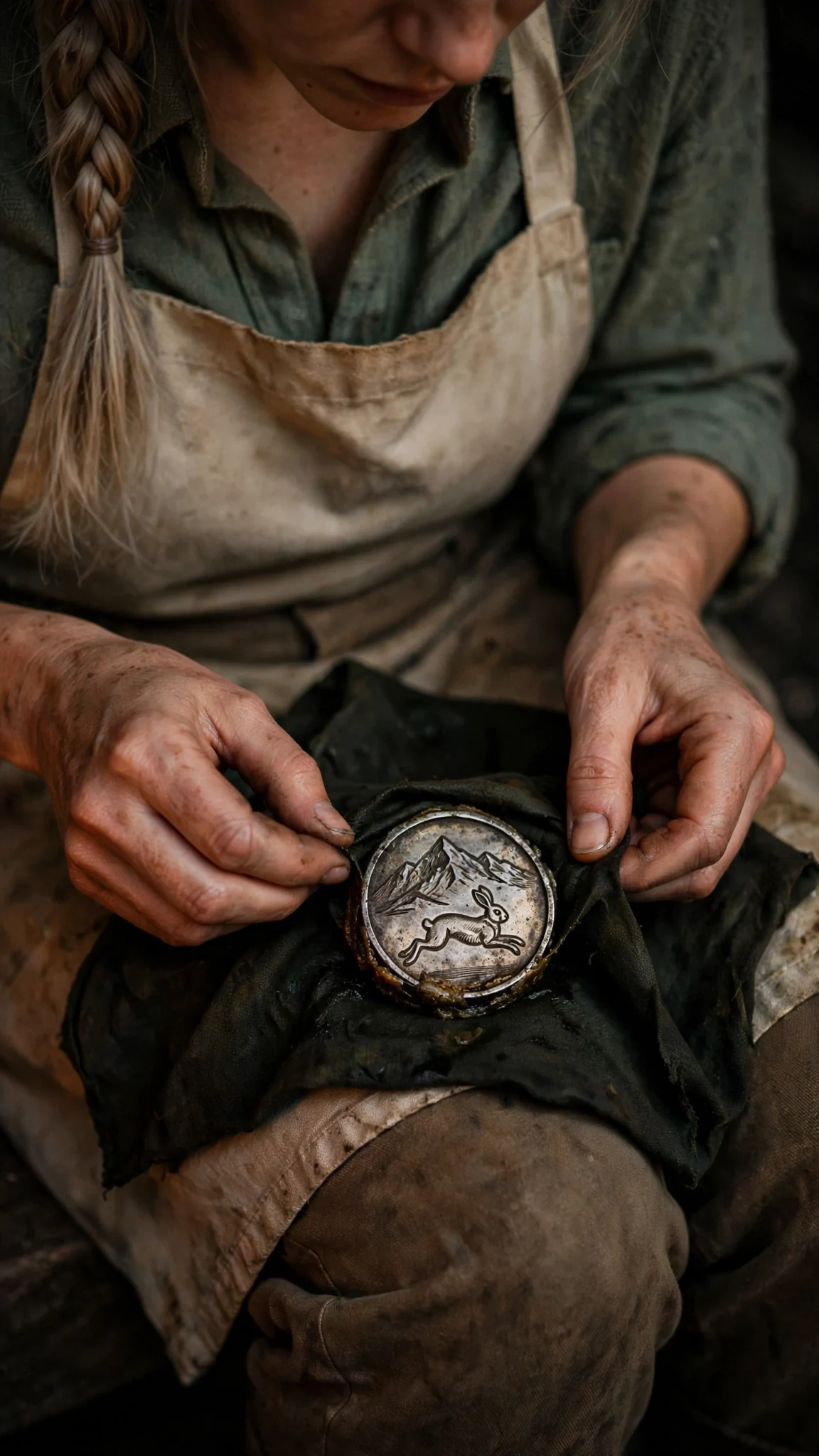 Fiona's hands unfold an oilcloth square, a silver seal glinting inside.