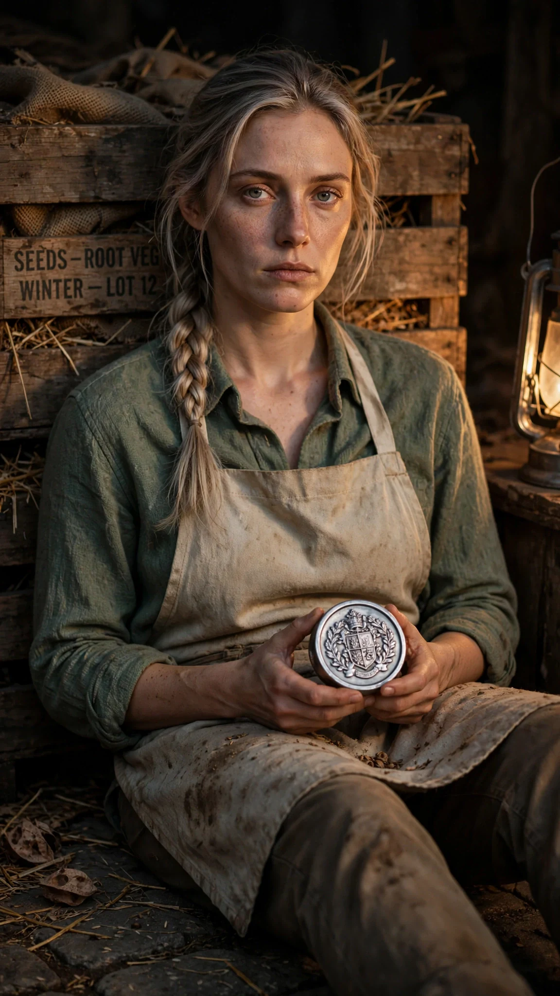 Fiona sits on the cold vault floor with the seal in both hands, steady and dry-eyed.