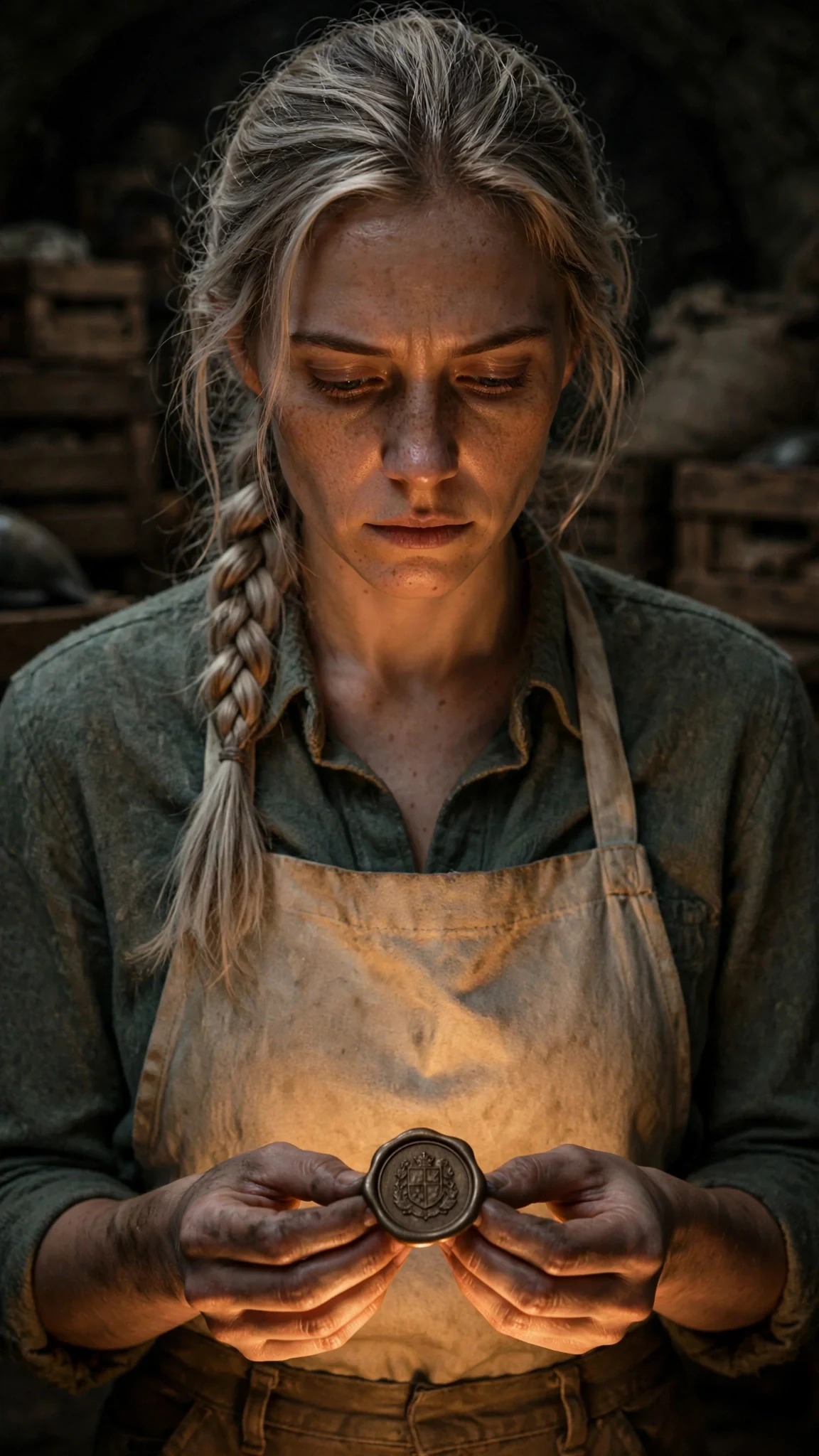 Close portrait of Fiona in the vault, her face hardening in the lantern light.