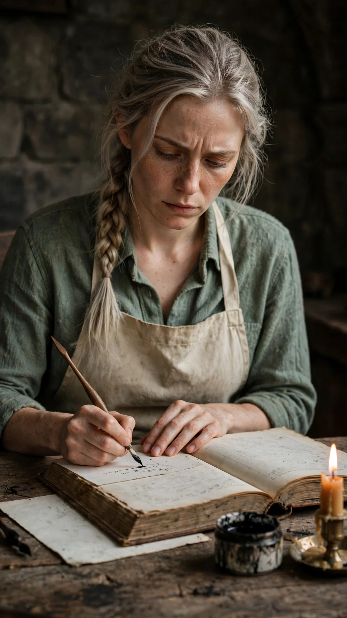 Fiona writes at the counting table with the seed book open over her paper.