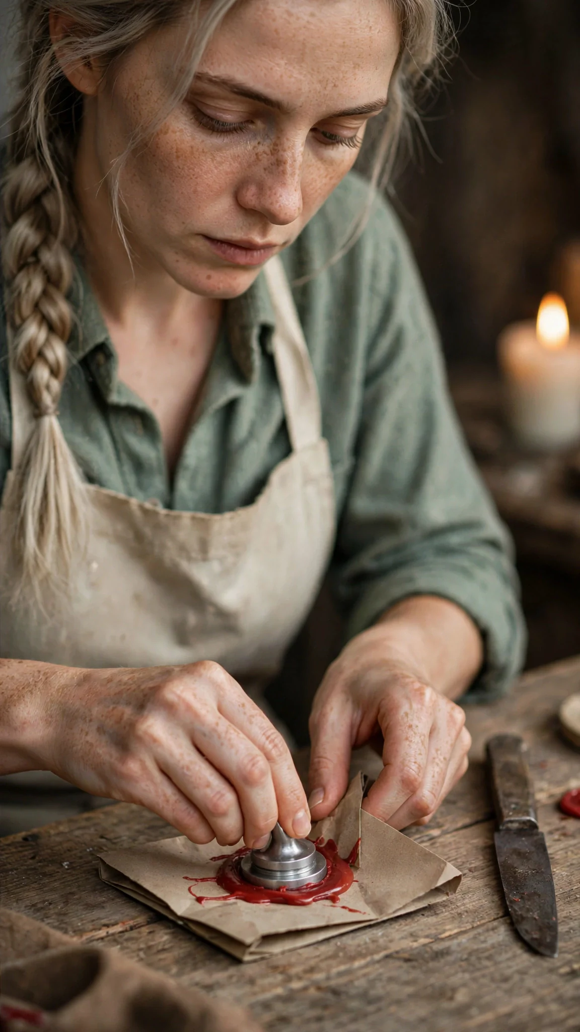 Fiona presses her mother's seal into hot wax beside her signature.