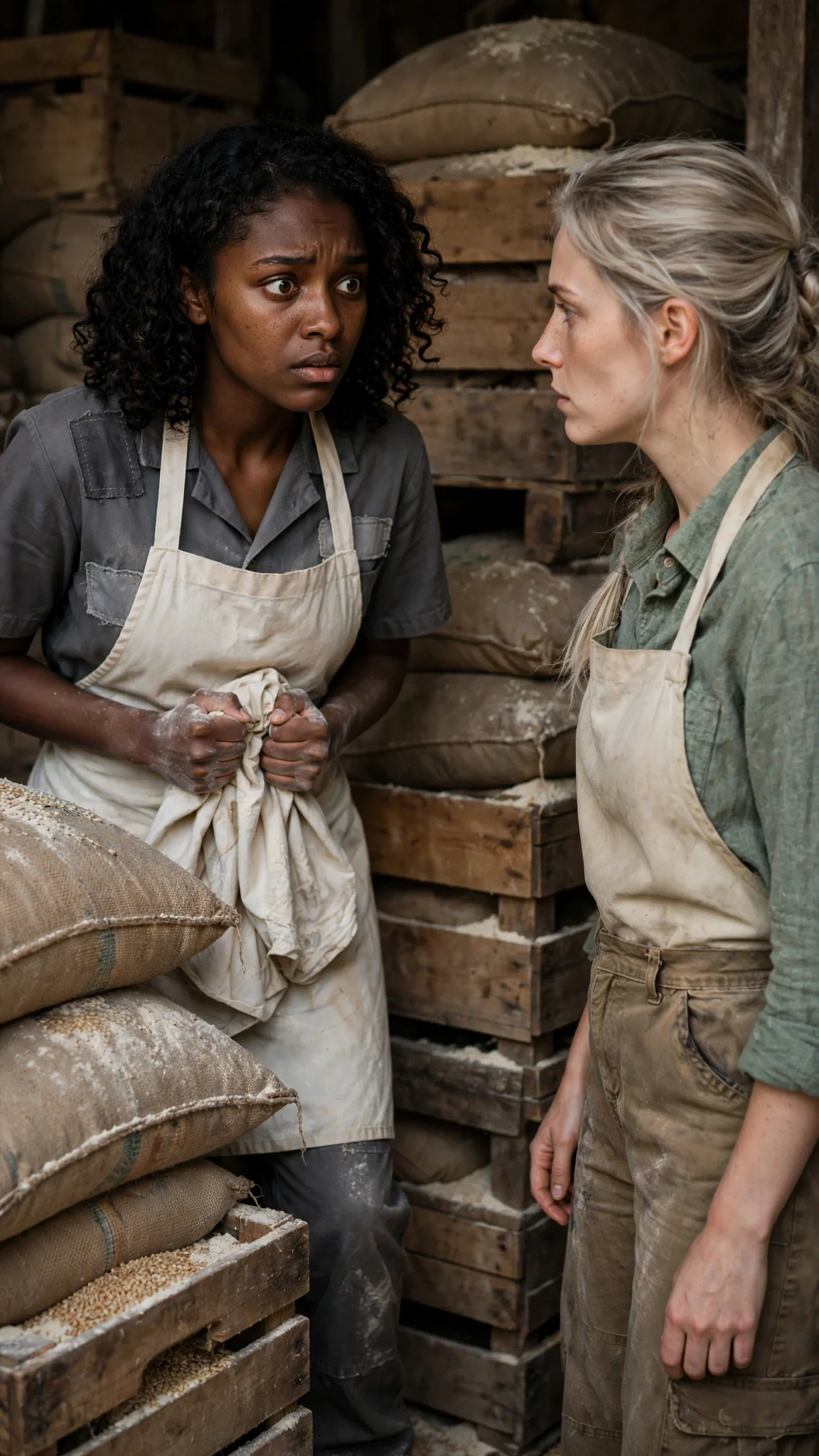 Rona steps out from behind the barley crates with her apron in her fists.