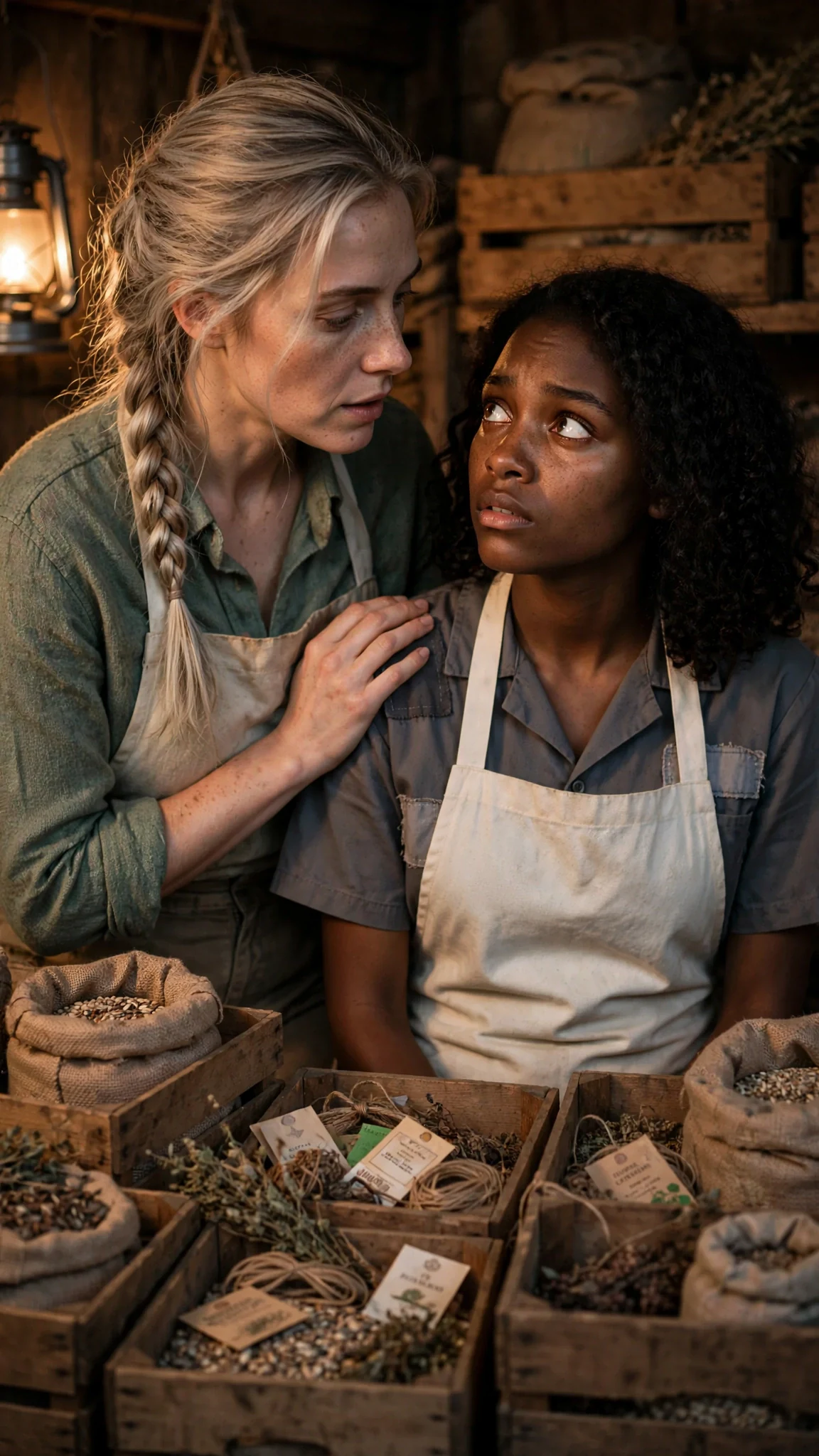 Fiona speaks quietly to Rona, one hand on the younger woman's shoulder.