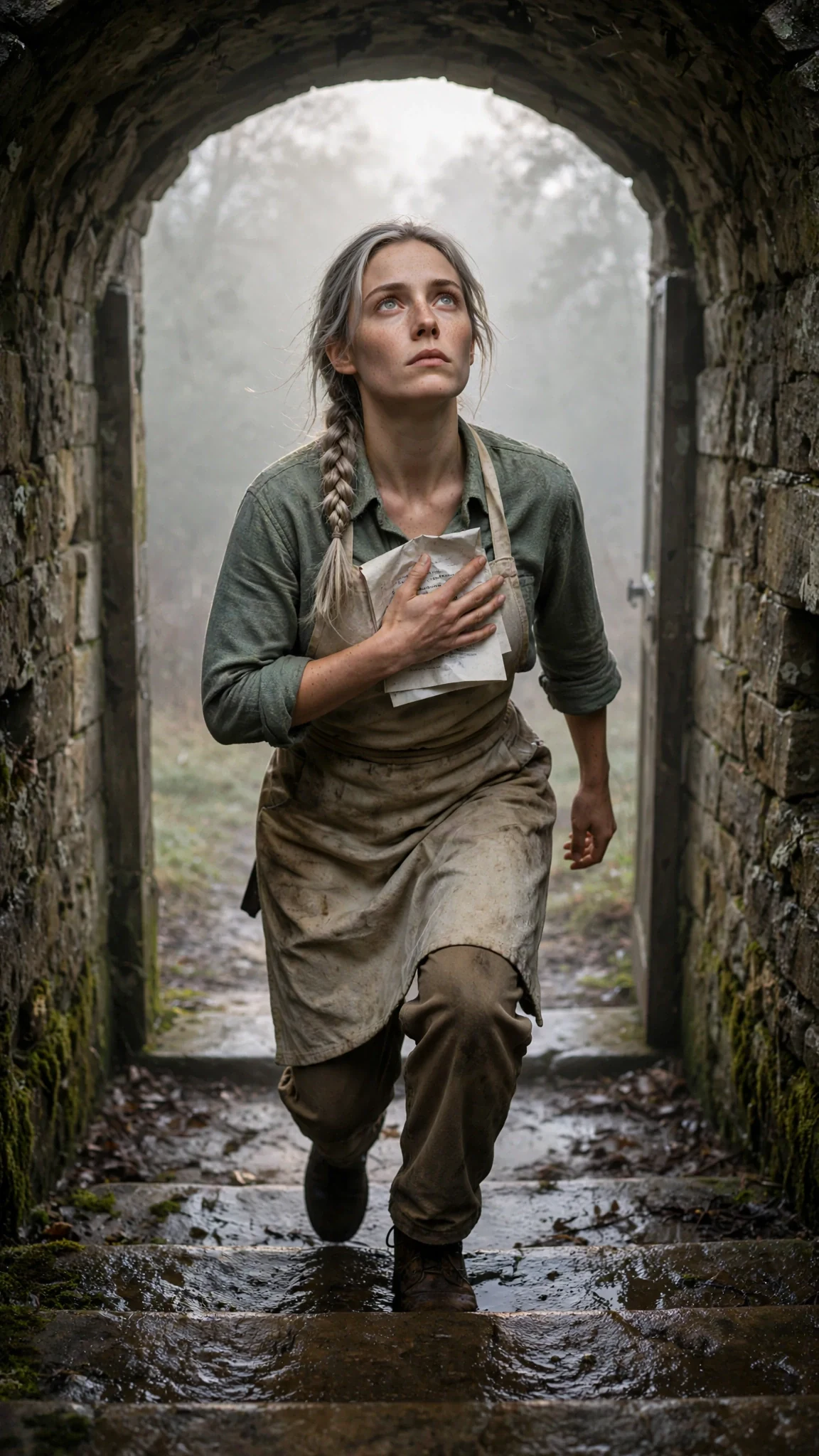Fiona climbs the vault steps into grey morning light, her hand pressed to her chest.