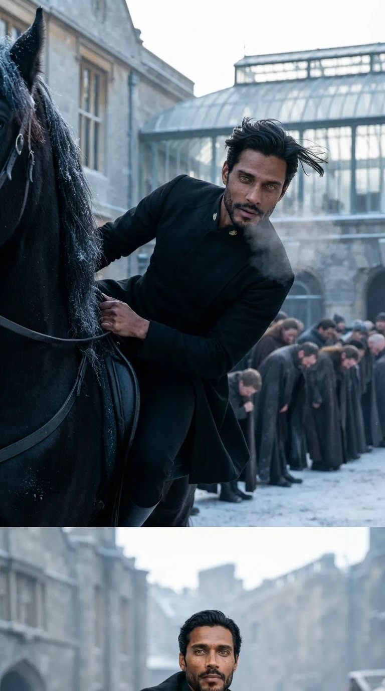 The Alpha King dismounts in the Greywater yard, black coat and gold-brown eyes.