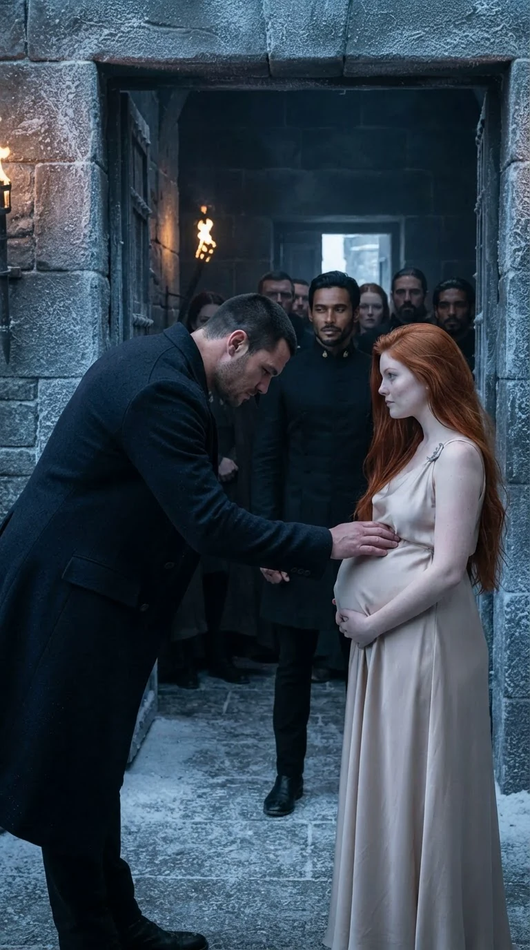 Darragh bows and pushes pregnant Ilona forward as the king looks past them both.