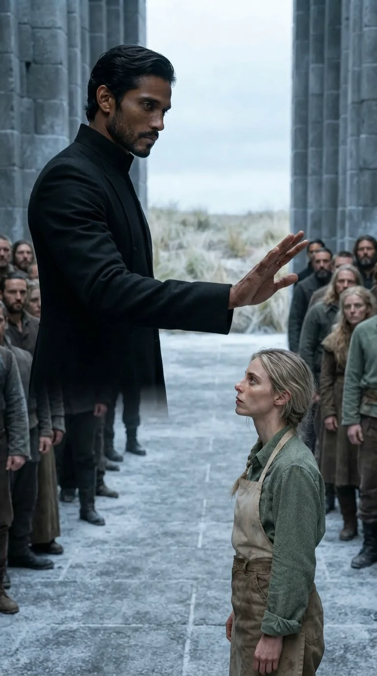 The king lifts his hand toward Fiona across the yard and the pack parts.