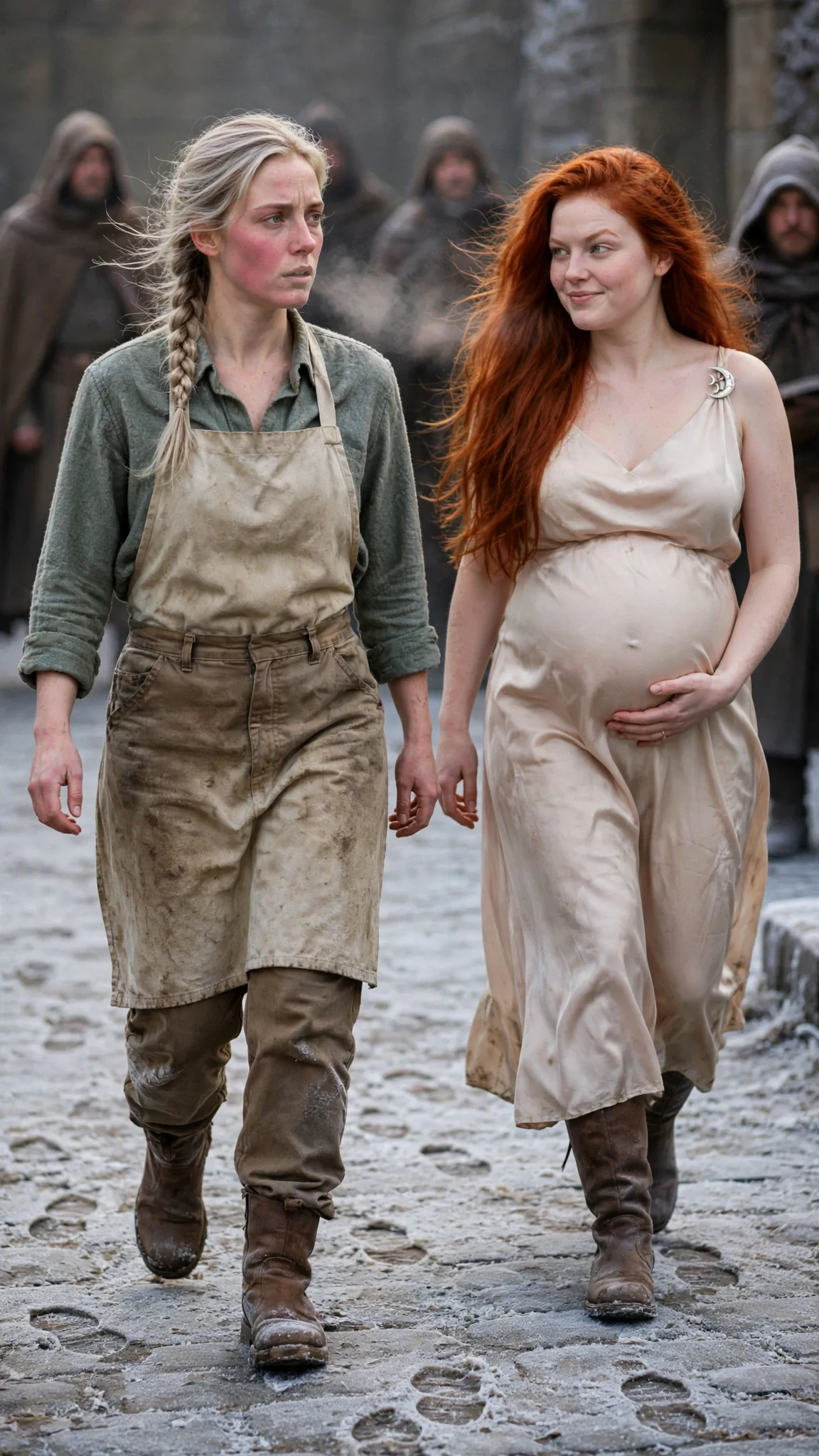 Fiona walks the frosty path while Ilona smirks with a hand on her belly.