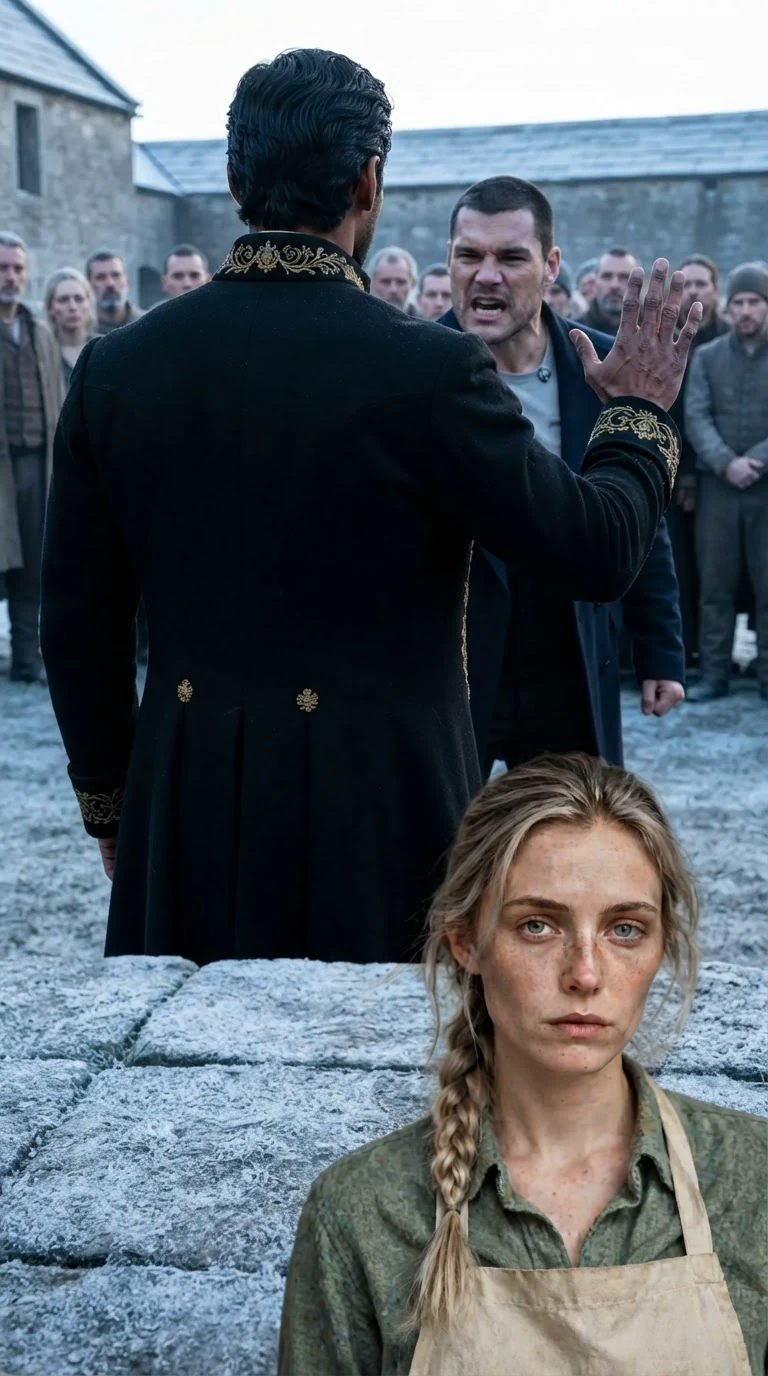 The king raises one hand and Darragh's mouth closes; Fiona watches.