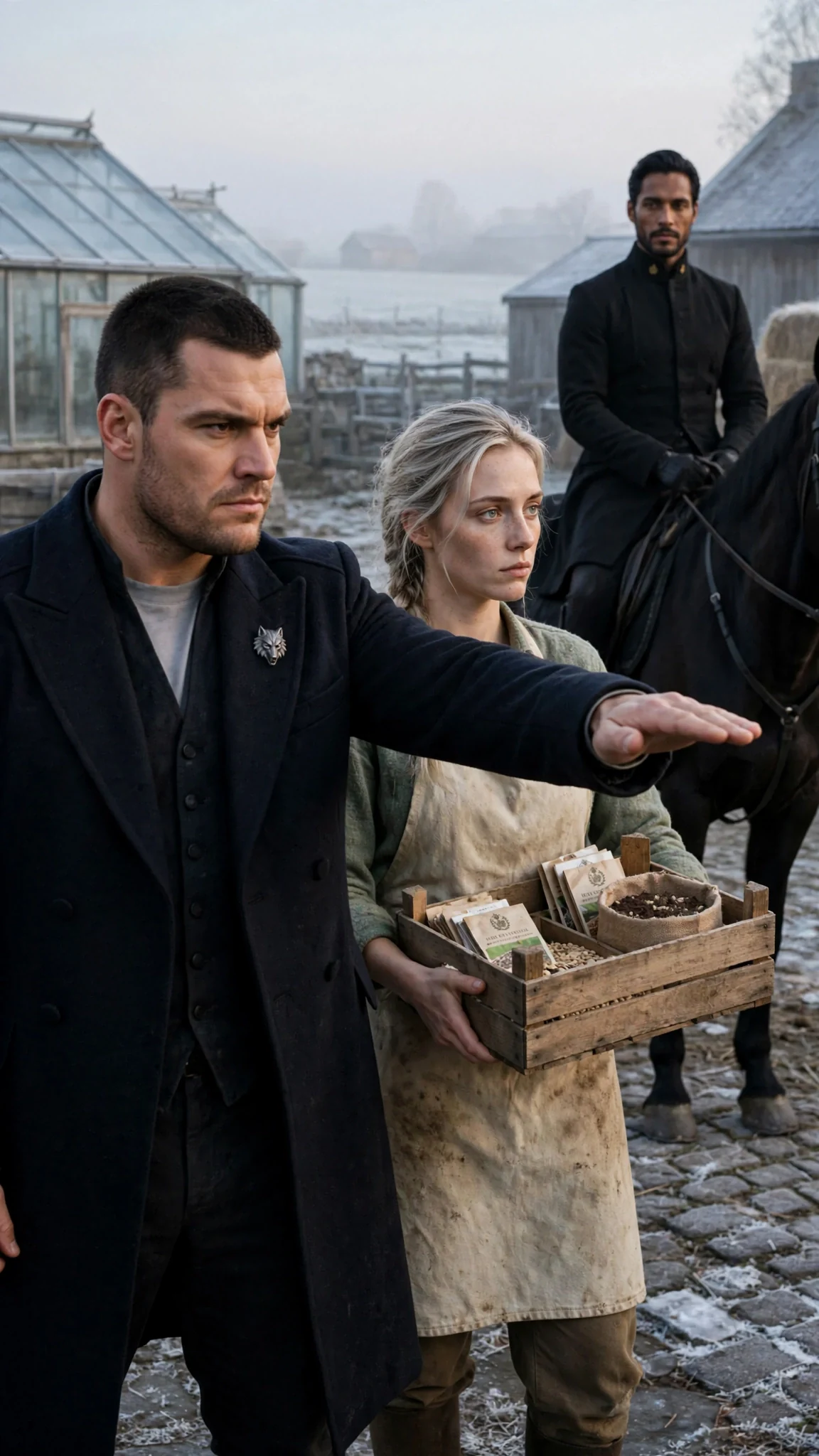 Darragh blocks Fiona from the king in a frosty farmyard at dawn.