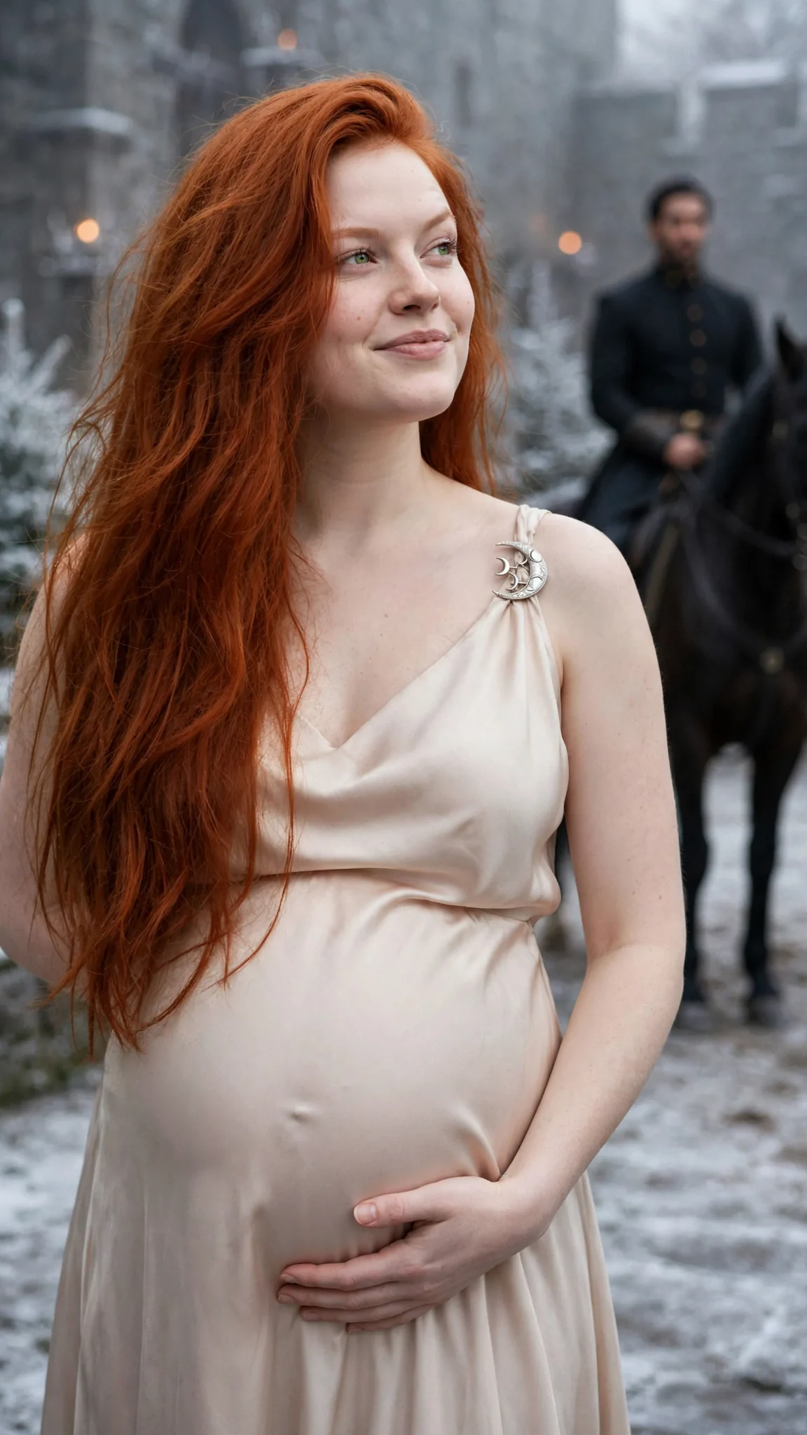 Ilona in a pale silk dress smirks at Fiona across the yard.