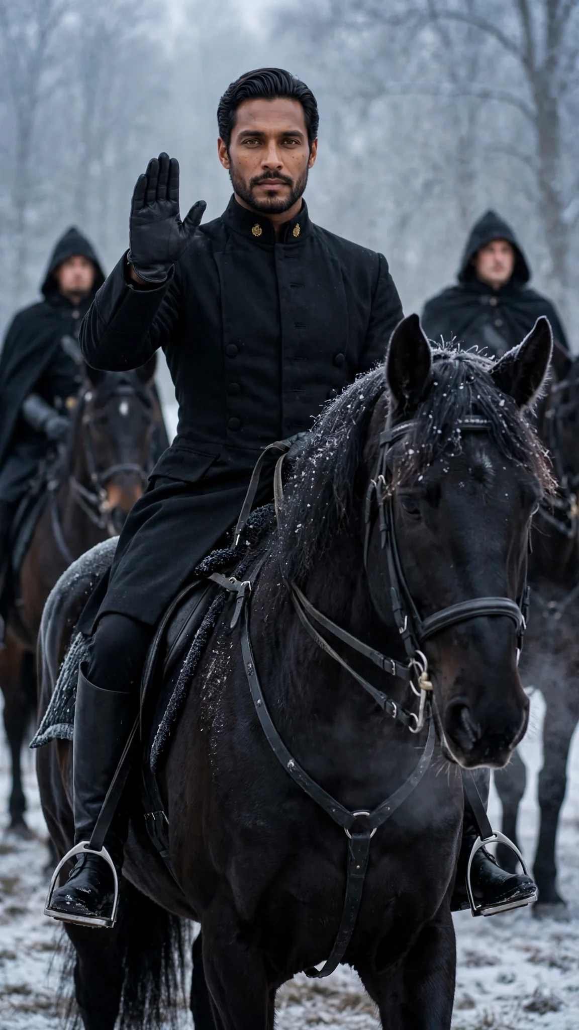 Cassius on his black horse raises one hand and speaks.