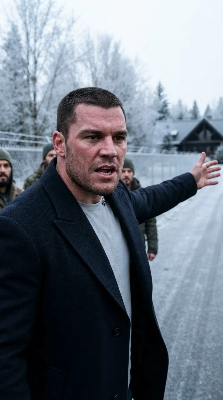 Darragh gestures sharply at the empty lodge road behind him.