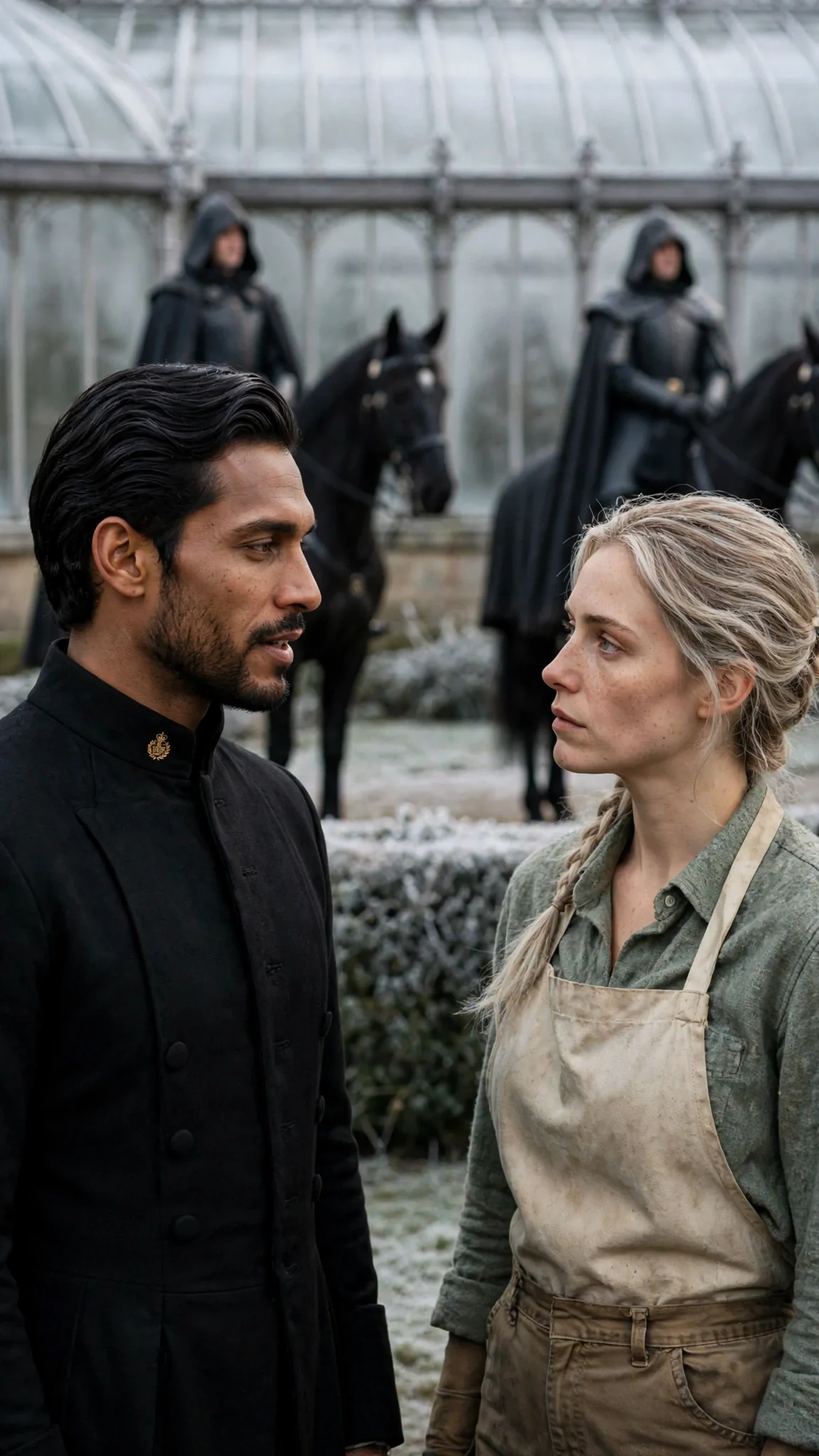 Cassius gives Fiona instructions while his escort waits behind.