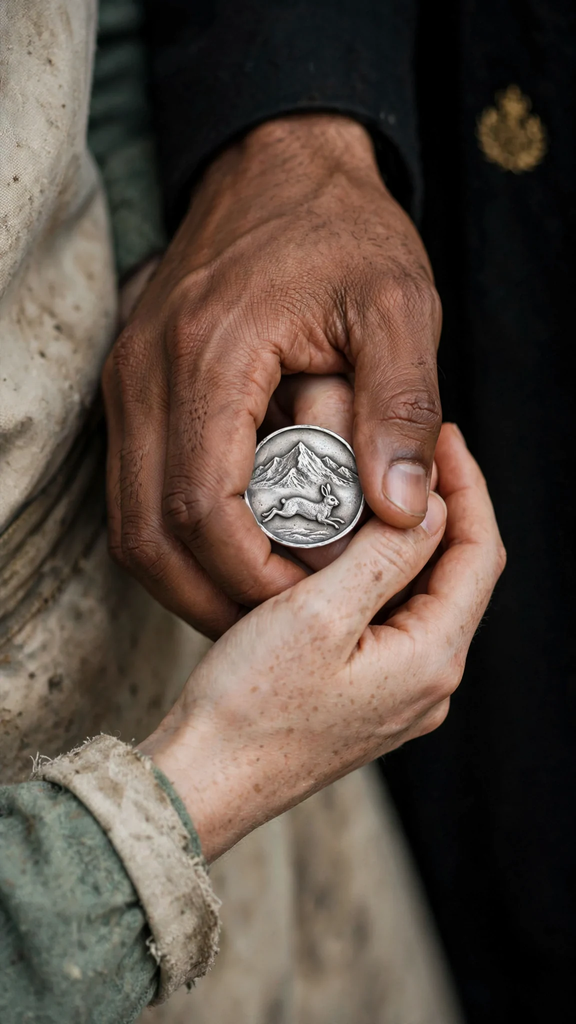 Their hands meet over the silver seal, held a breath too long.