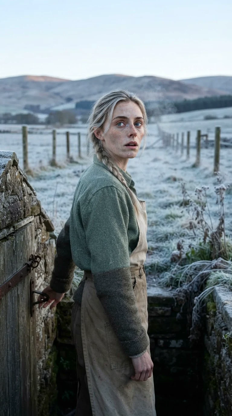 Fiona pauses at the vault door, frost and fence line behind her.