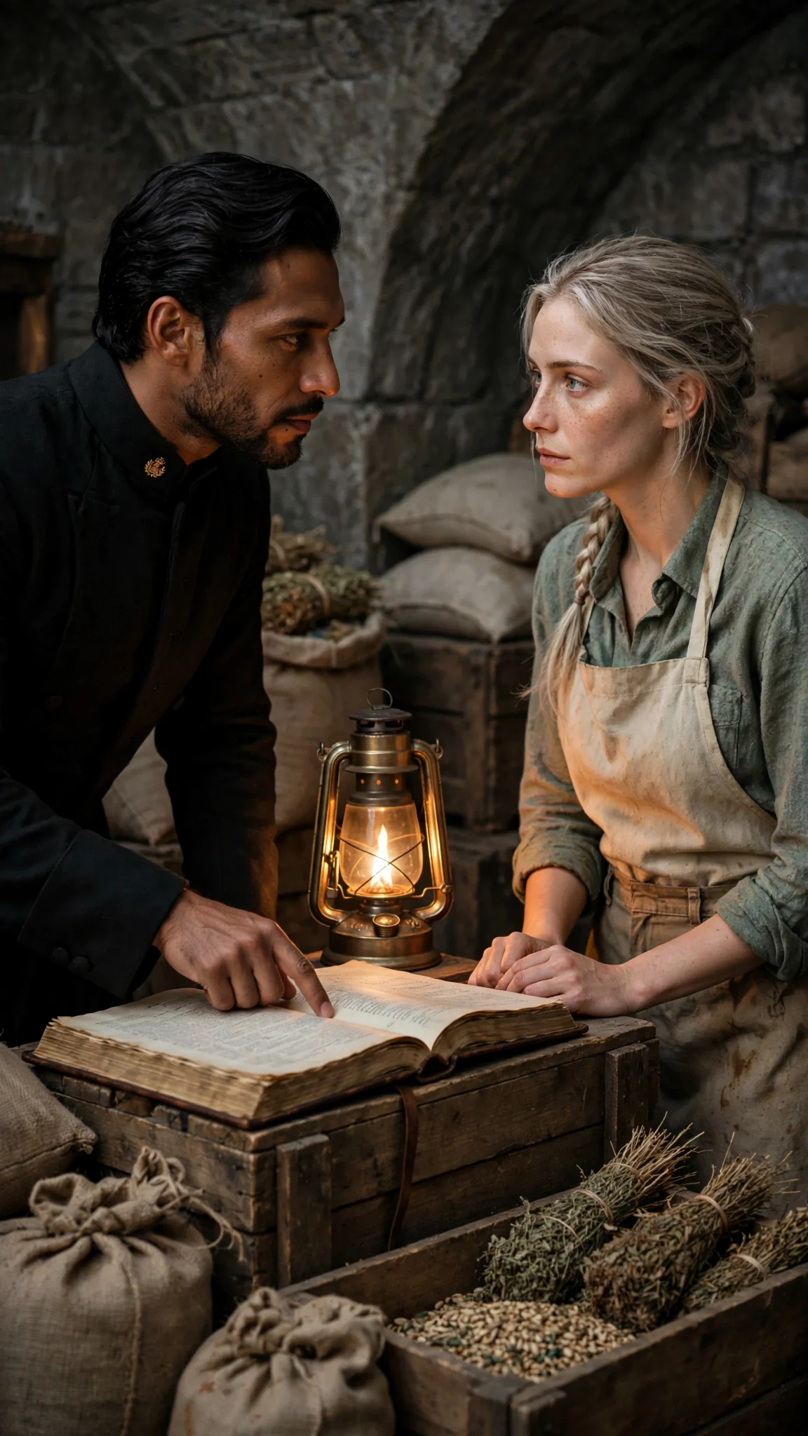 The king reads Fiona's seed book by lamplight with one finger on the page.