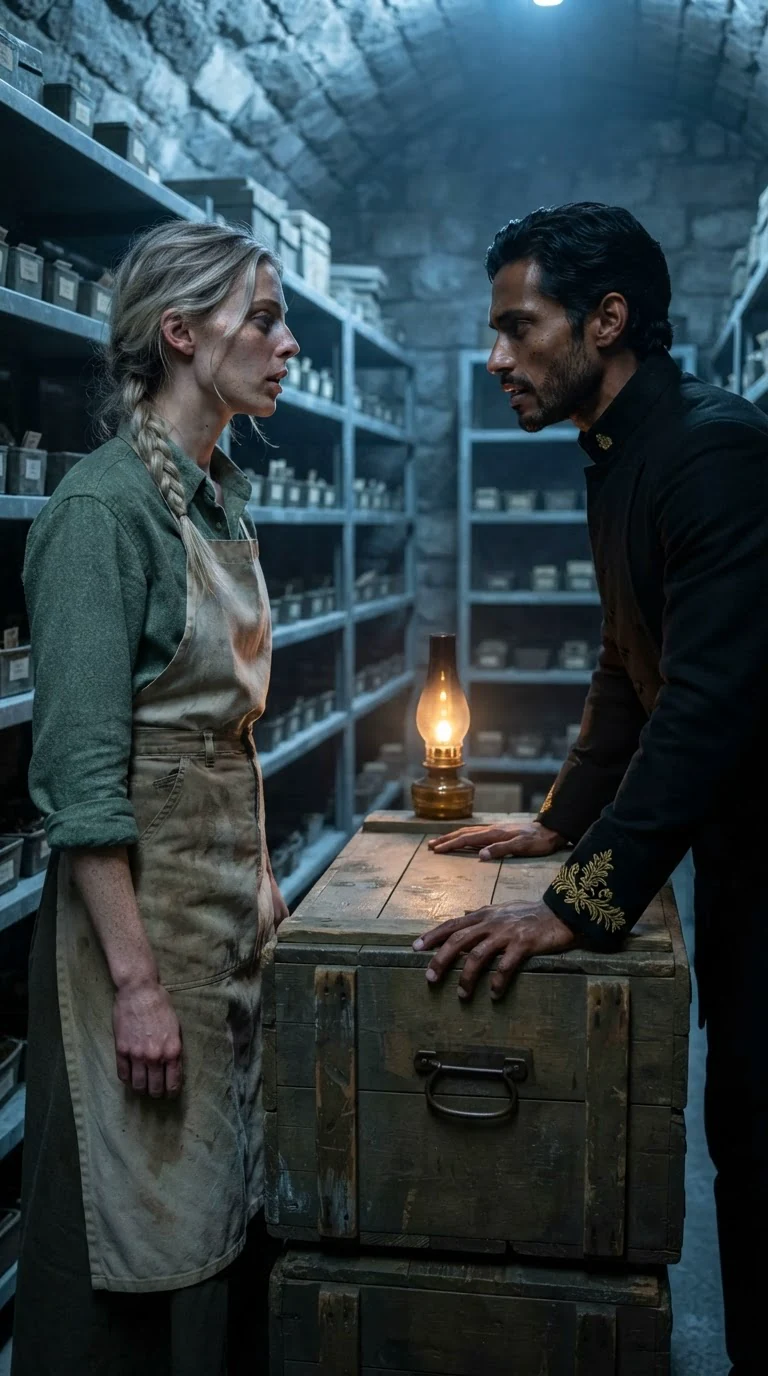 Fiona answers the king with her head up while he closes the ledger.