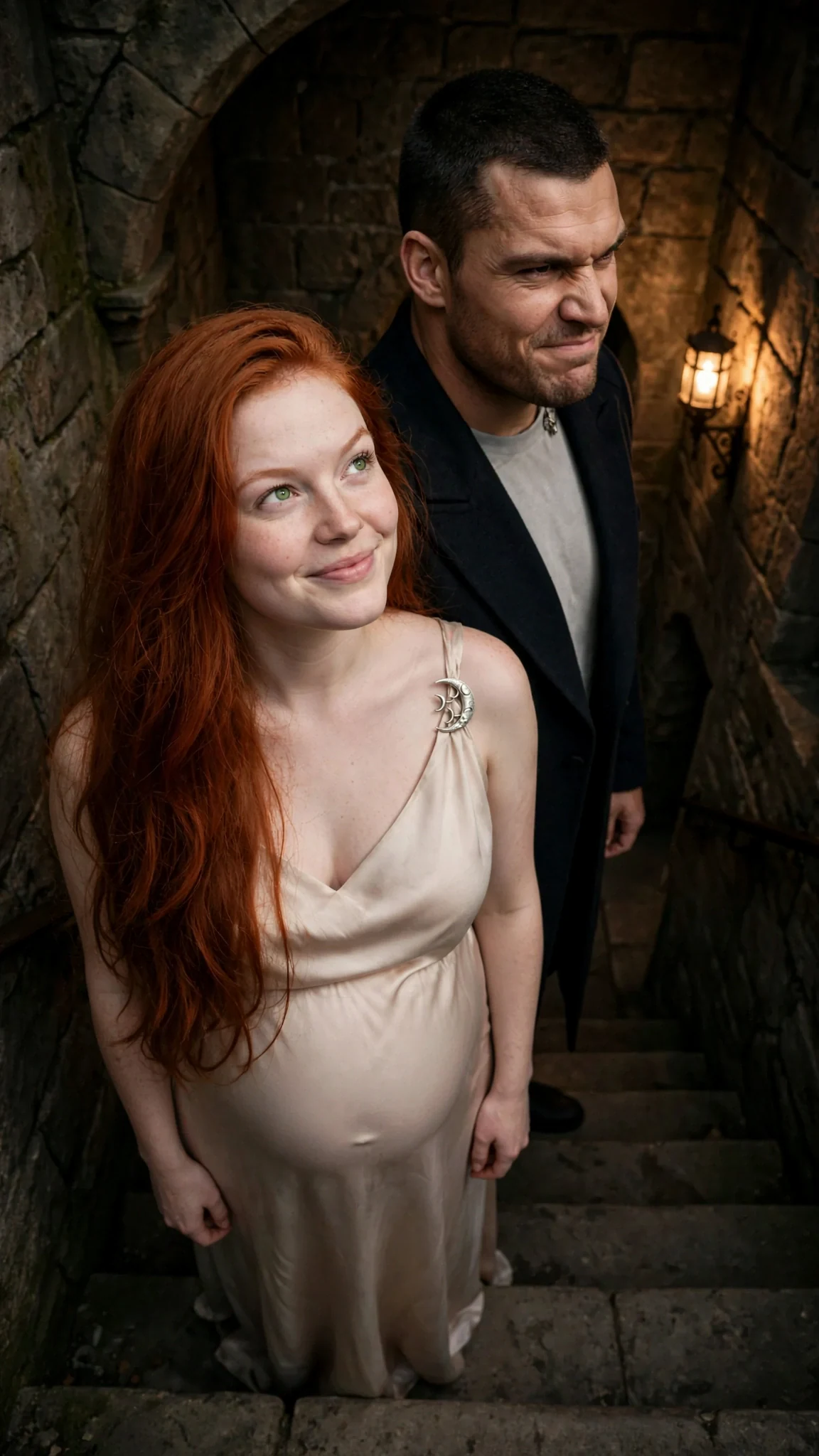 Ilona comes down the vault steps in her silk with Darragh behind her.