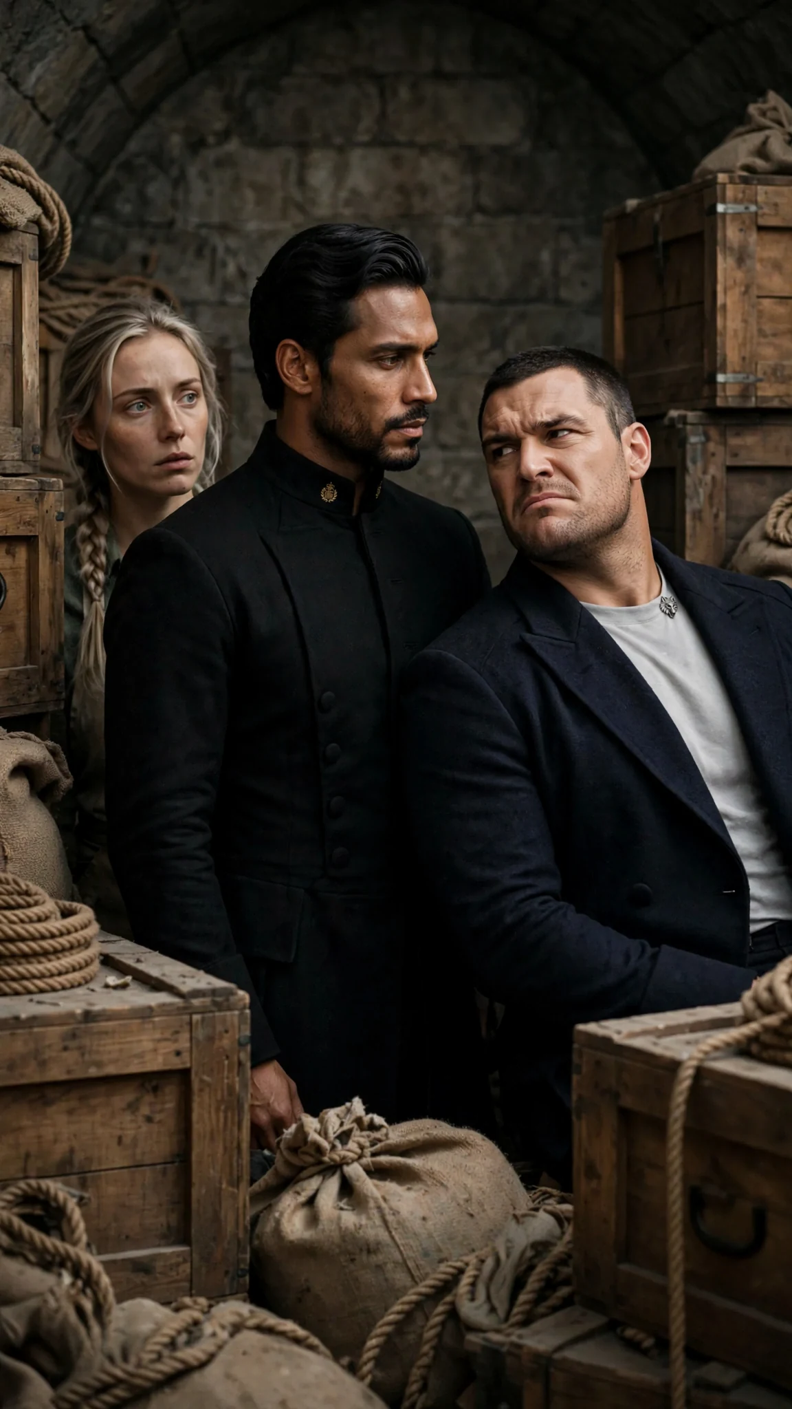 The king steps between Darragh and Fiona with his shoulder angled to shield her.