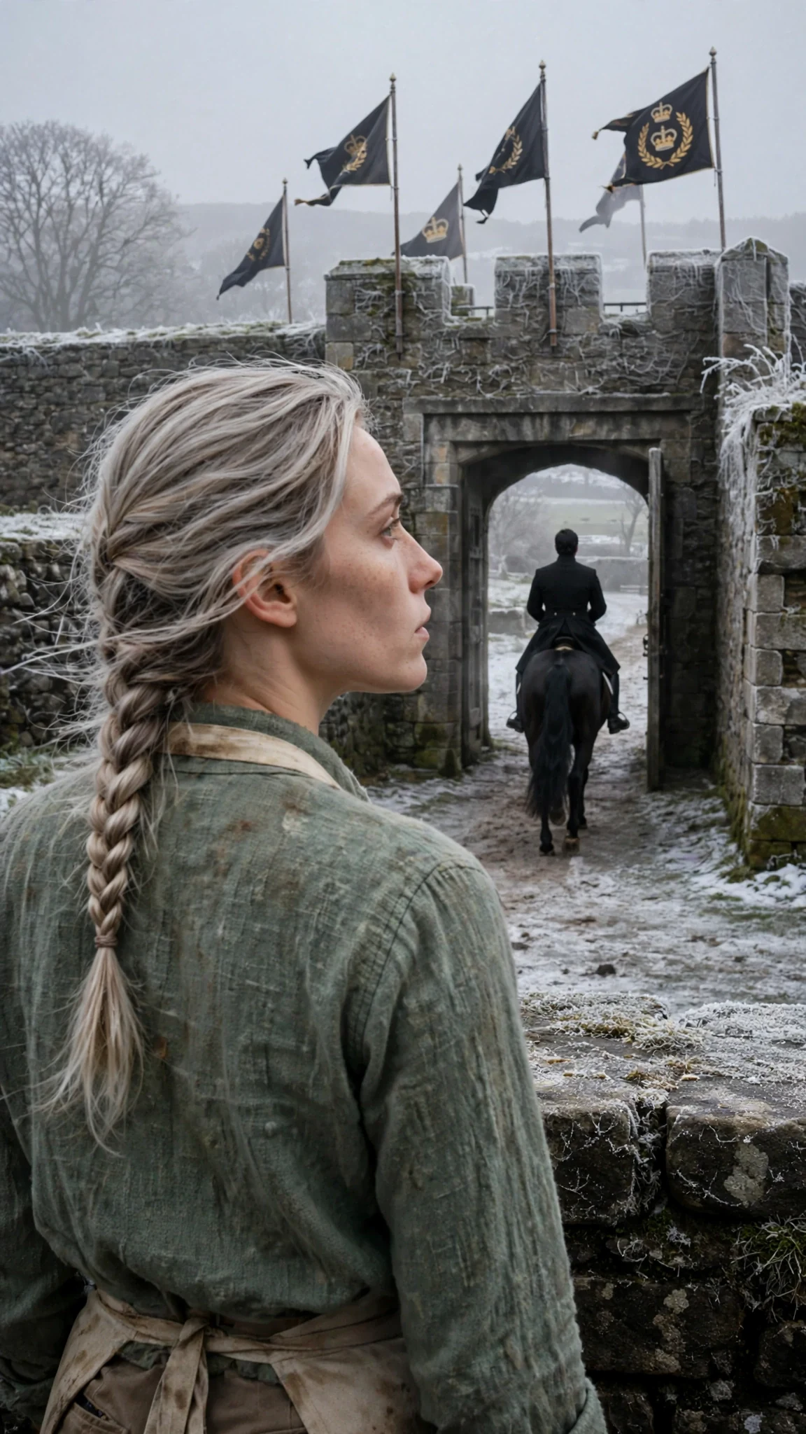 Cassius rides out through the gates on his black horse while Fiona watches.