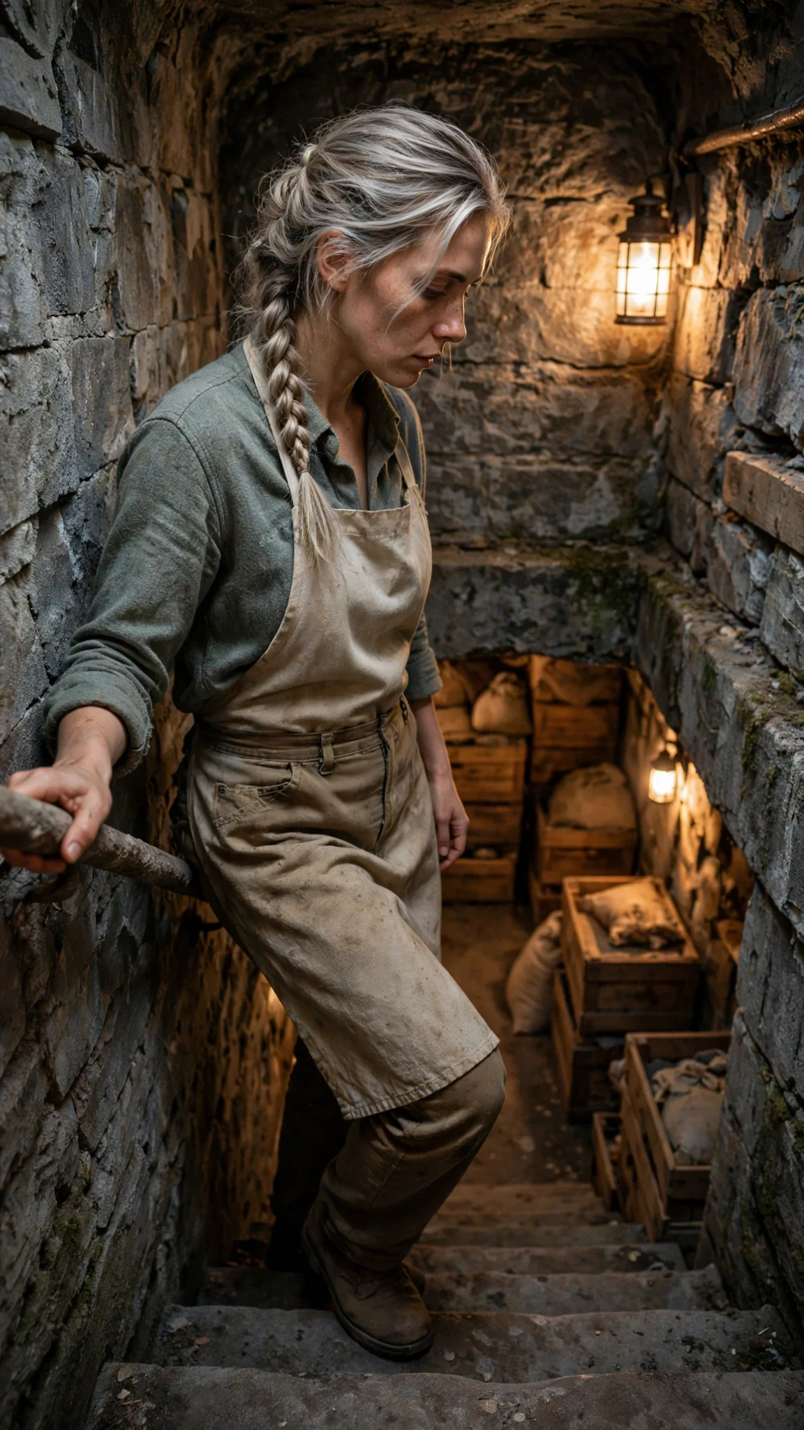 Fiona walks back down into the lamplit vault alone.