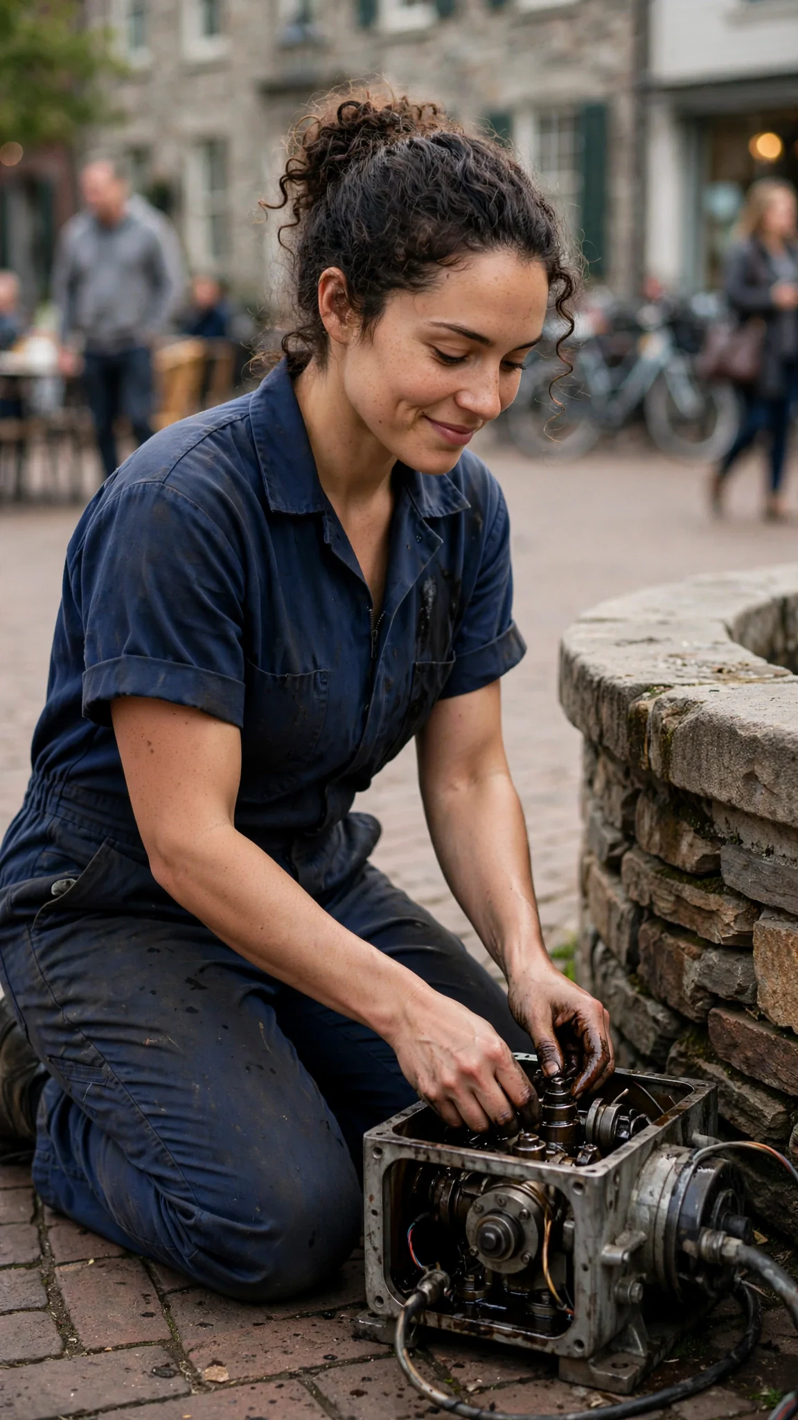 A young woman in grease-stained coveralls kneels beside a dead fountain with her hands inside its motor.