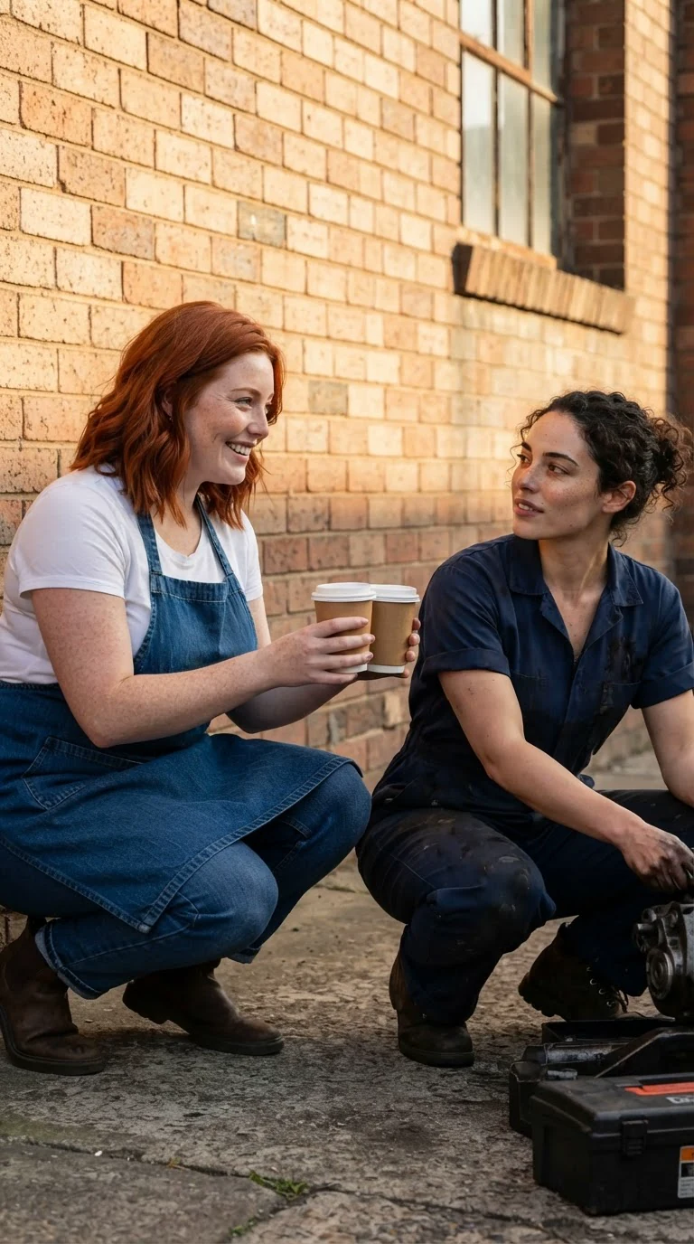 A red-haired woman in a denim apron crouches beside the repairwoman with two paper cups of coffee.