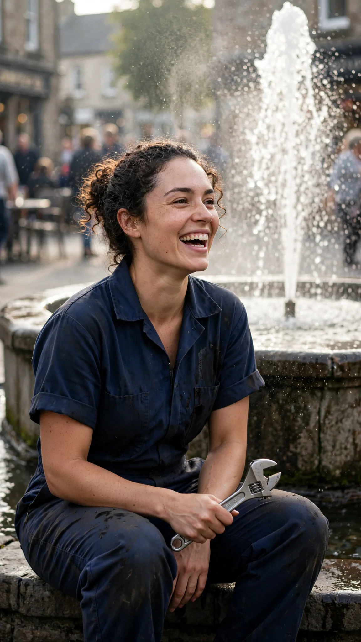 Water bursts from the old stone fountain while the woman sits back on her heels, grinning.
